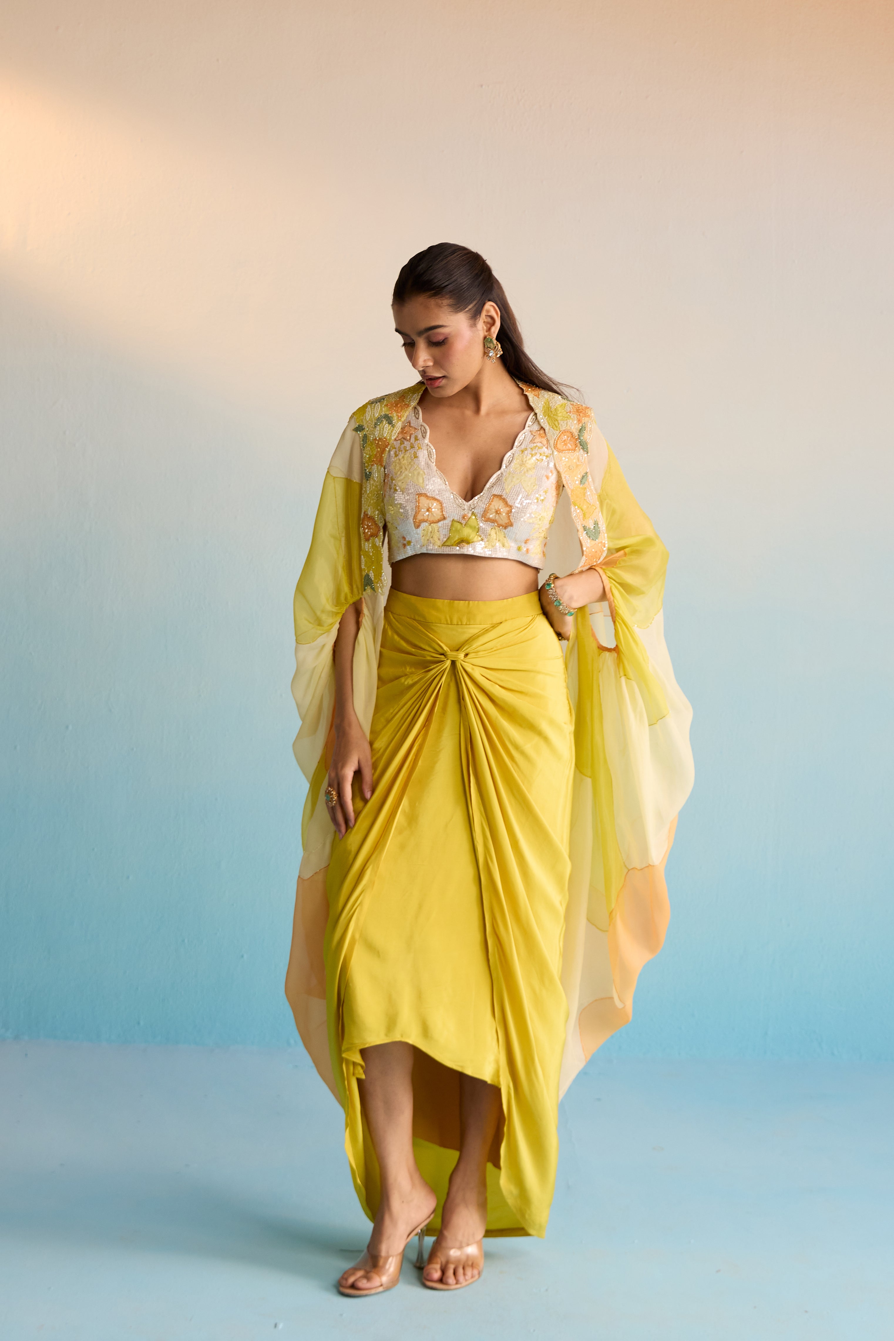 Abeni Yellow Hand-Painted Organza Cape & Skirt Set