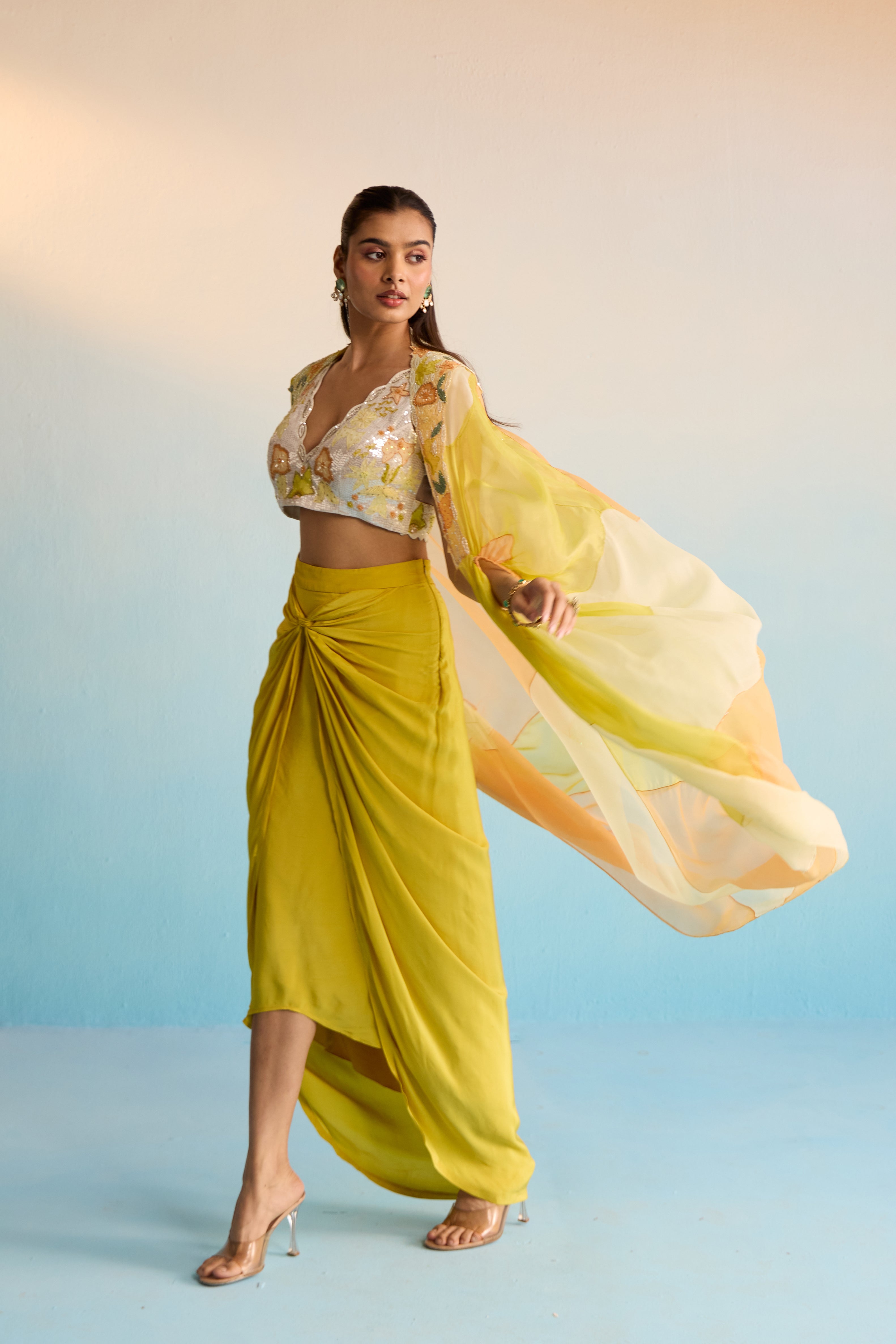 Abeni Yellow Hand-Painted Organza Cape & Skirt Set