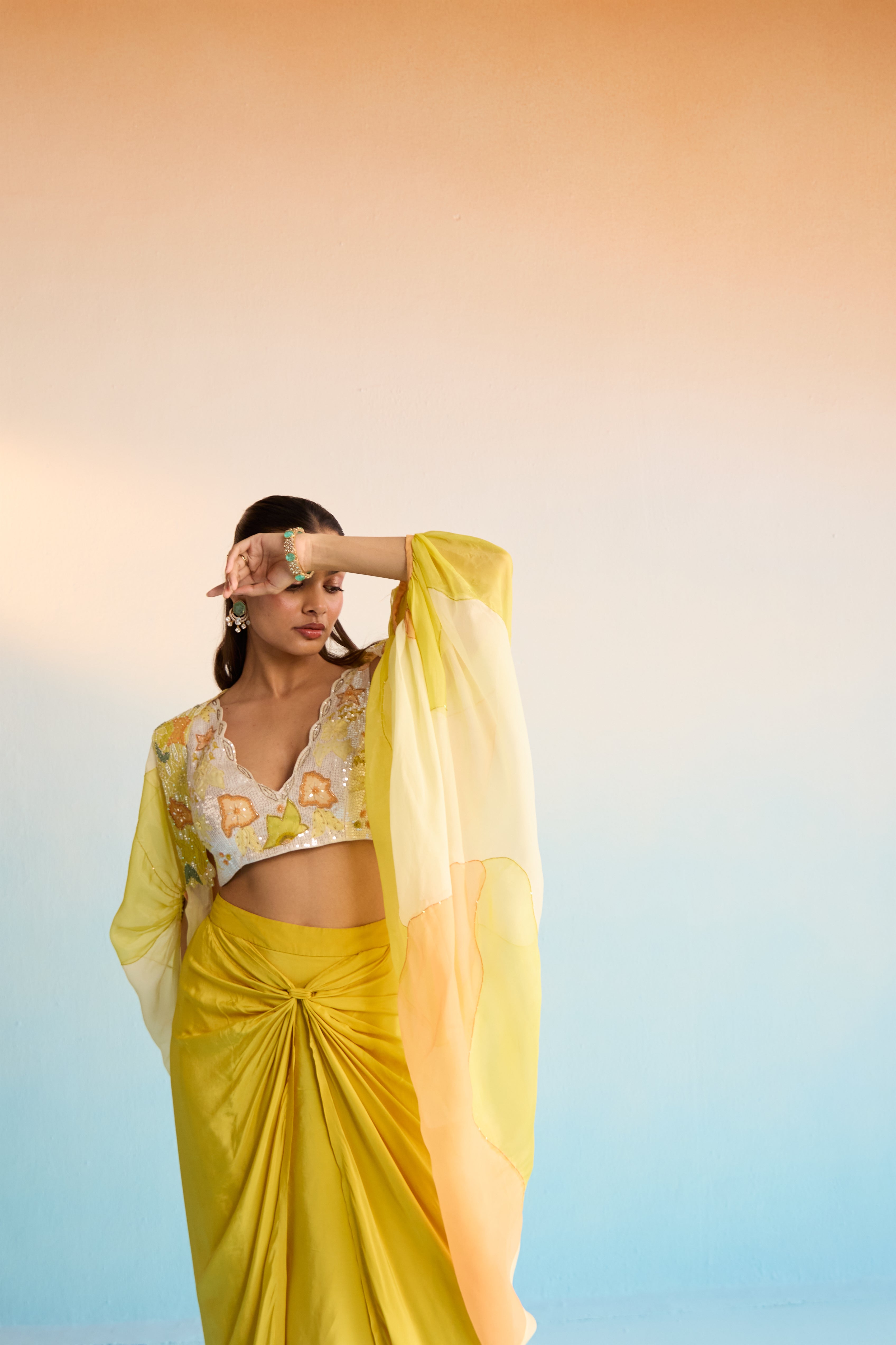 Abeni Yellow Hand-Painted Organza Cape & Skirt Set
