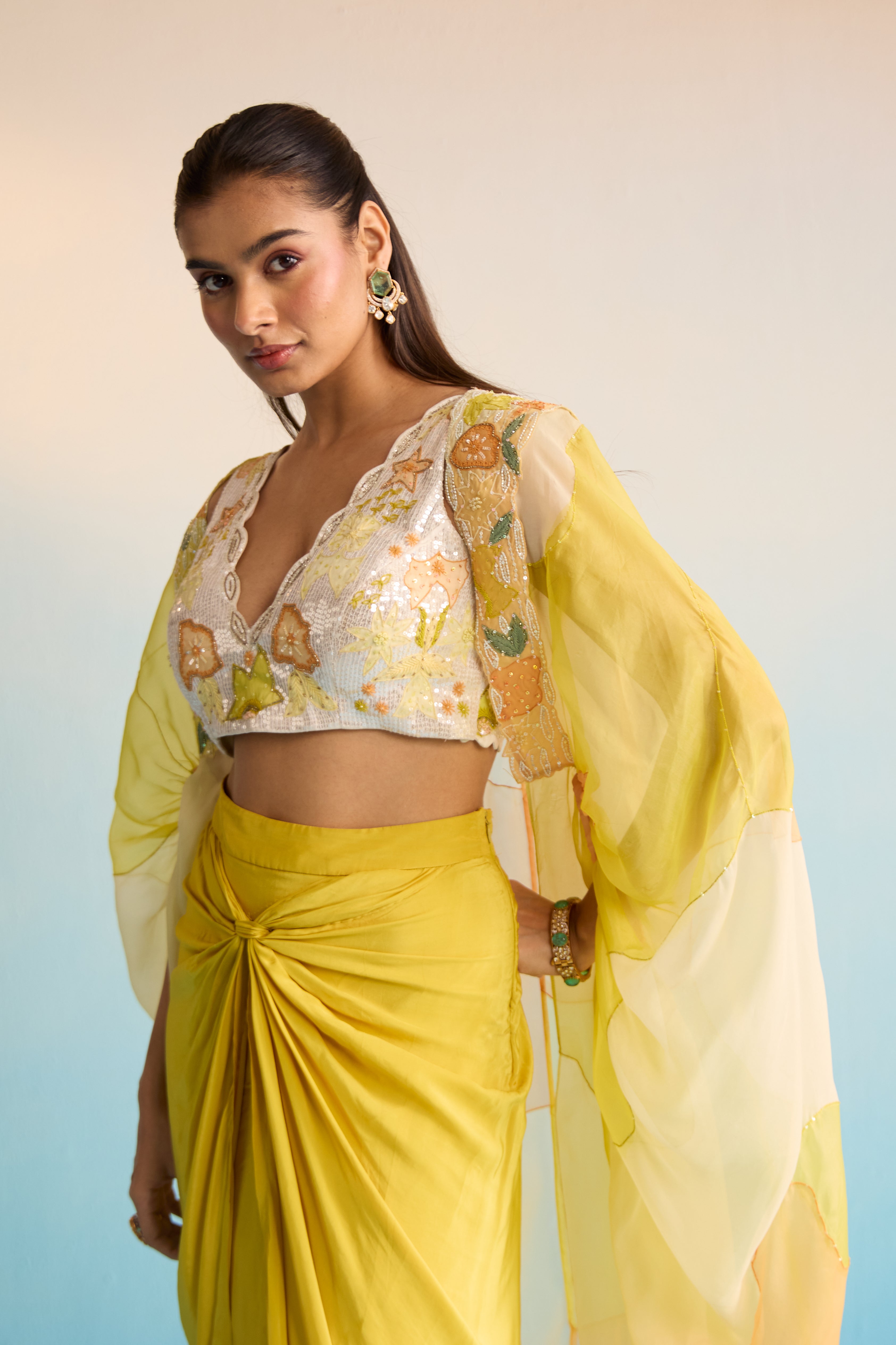 Abeni Yellow Hand-Painted Organza Cape & Skirt Set