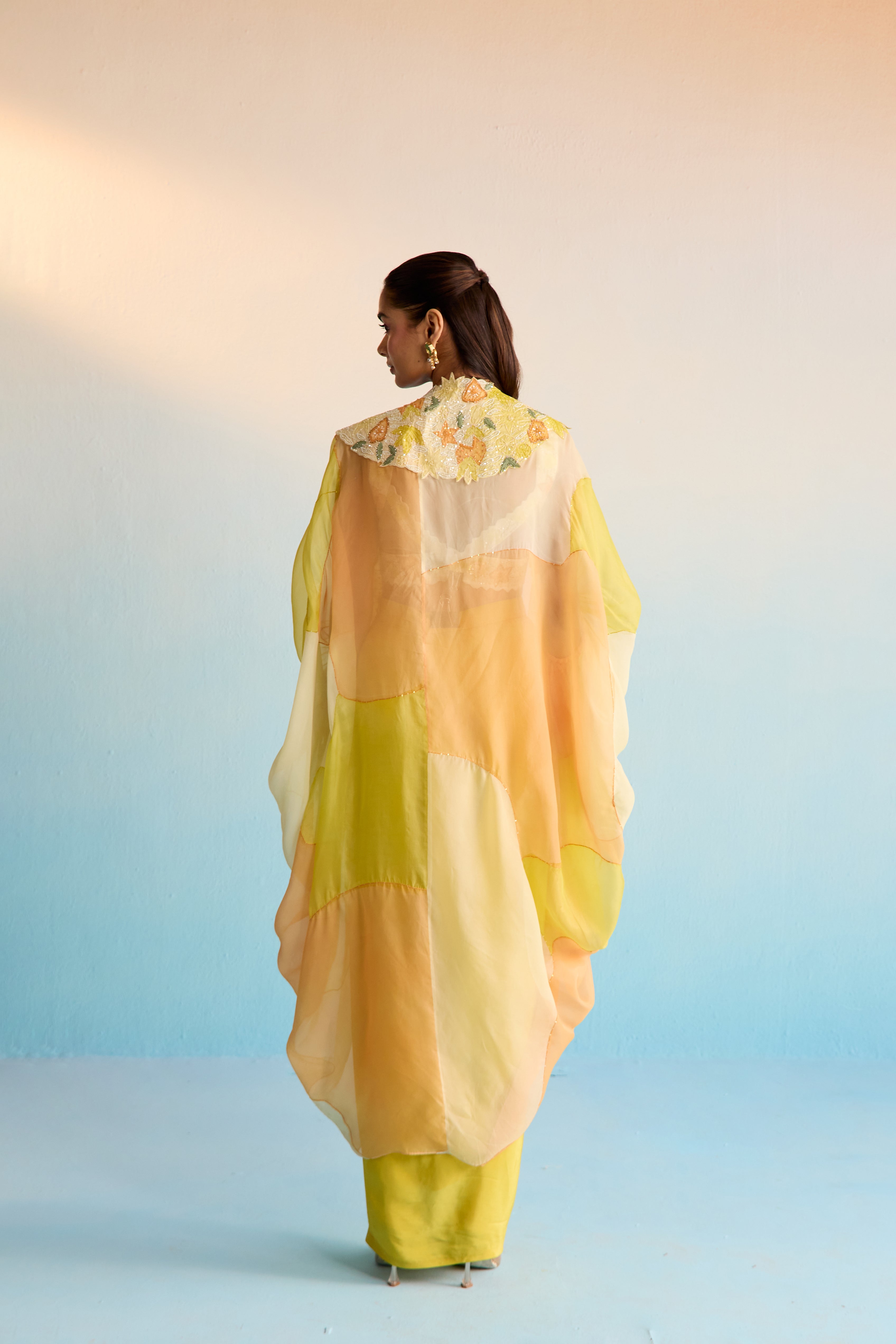 Abeni Yellow Hand-Painted Organza Cape & Skirt Set