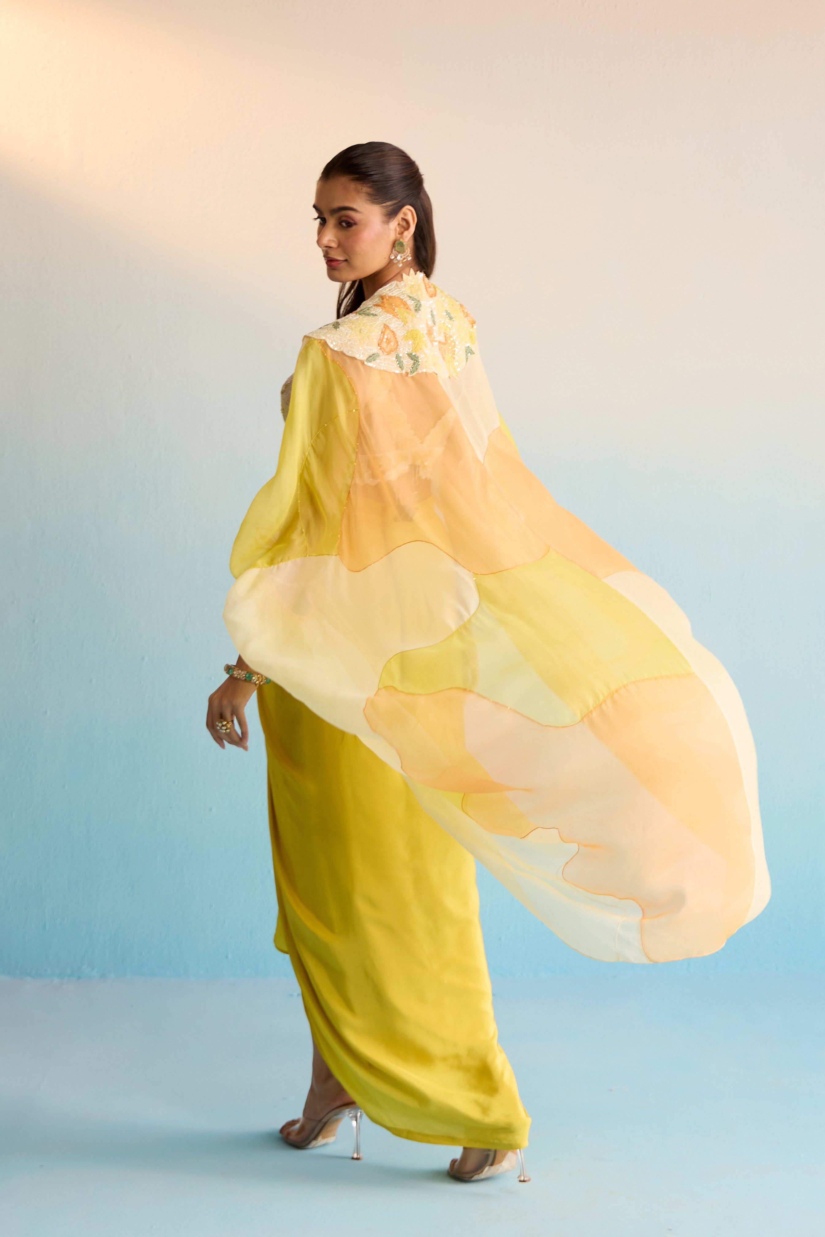 Abeni Yellow Hand-Painted Organza Cape & Skirt Set