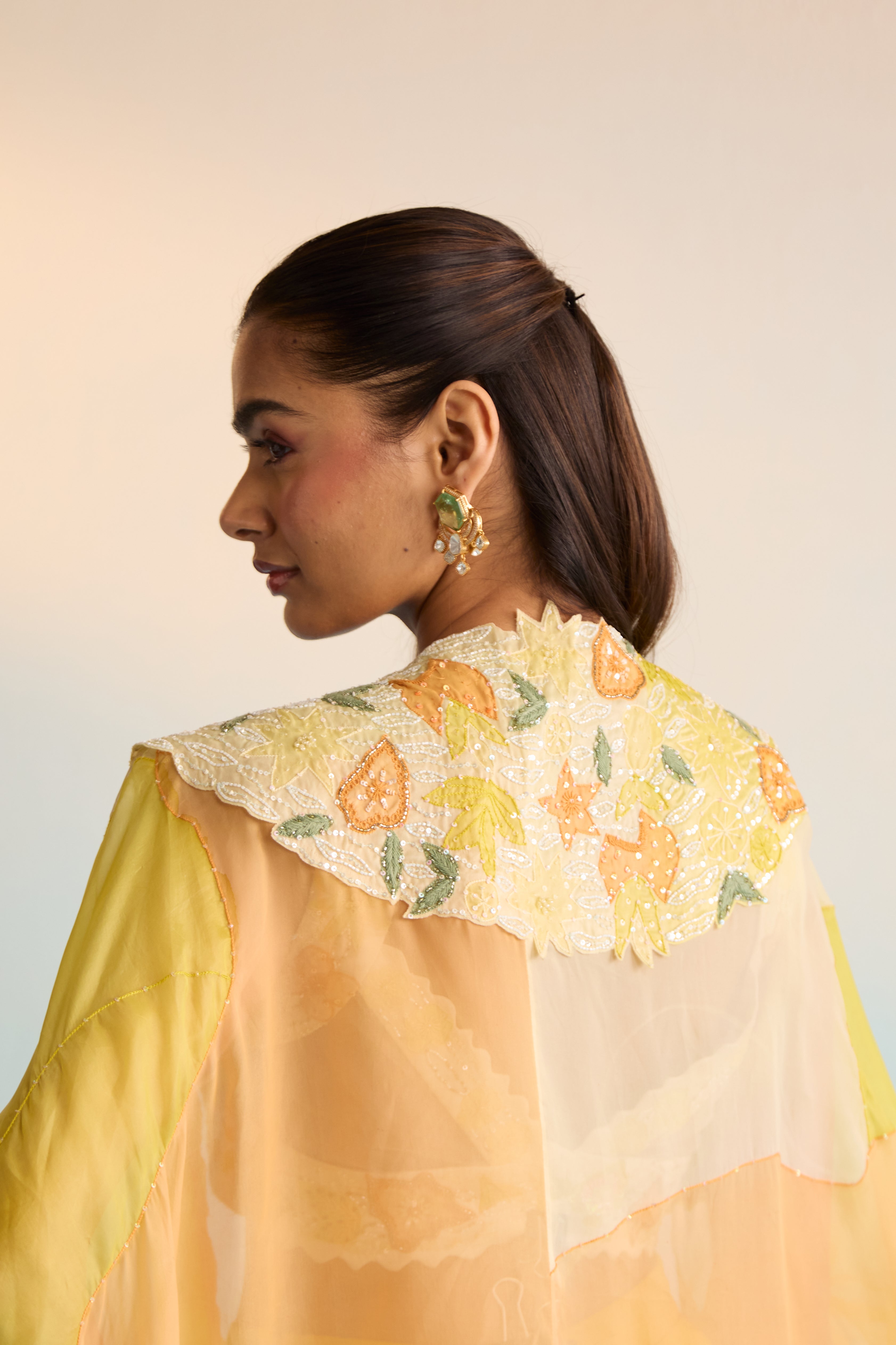Abeni Yellow Hand-Painted Organza Cape & Skirt Set