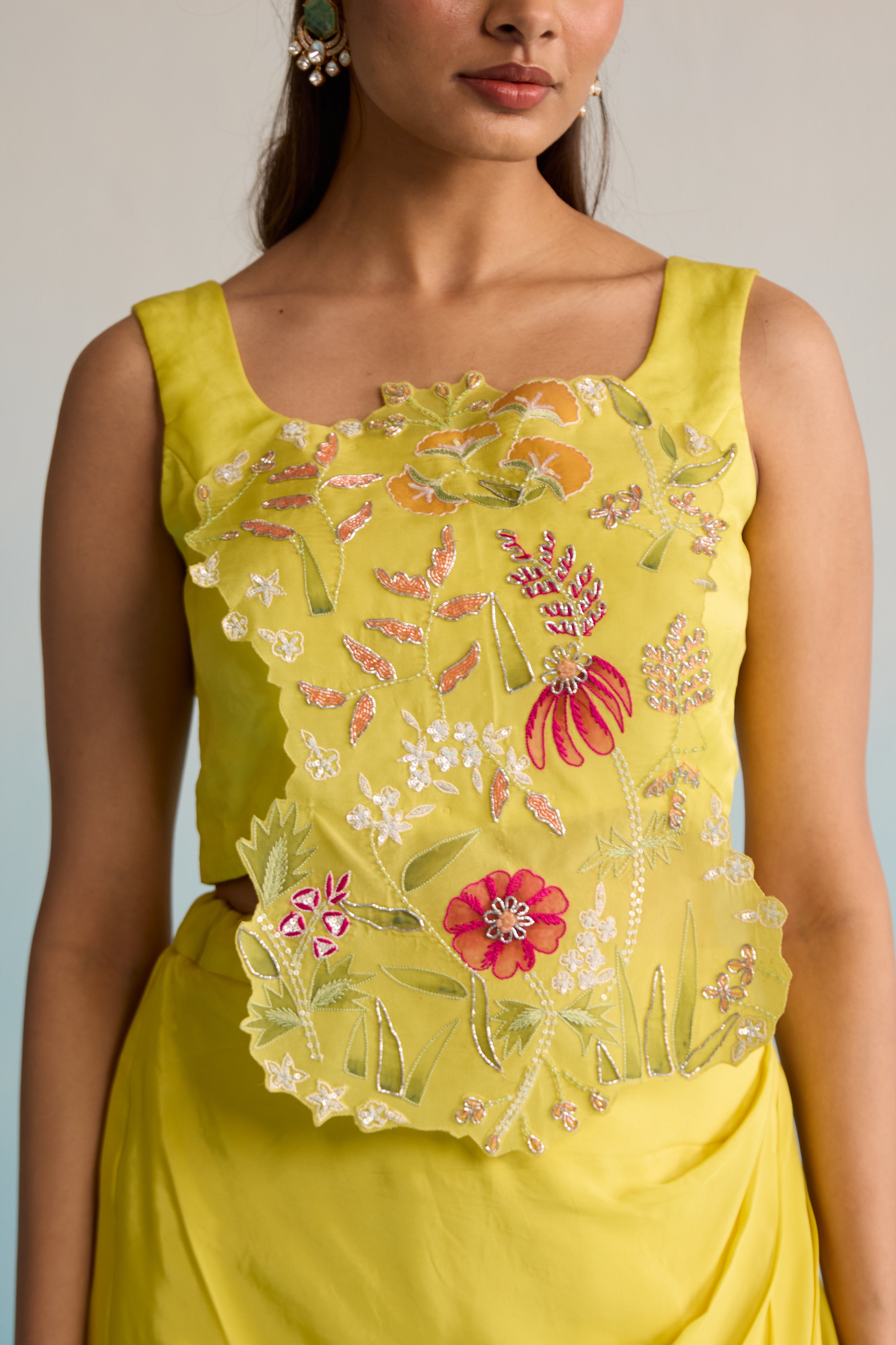Buttercup Breeze Yellow Hand-Painted Malai Silk Cape & Skirt Set