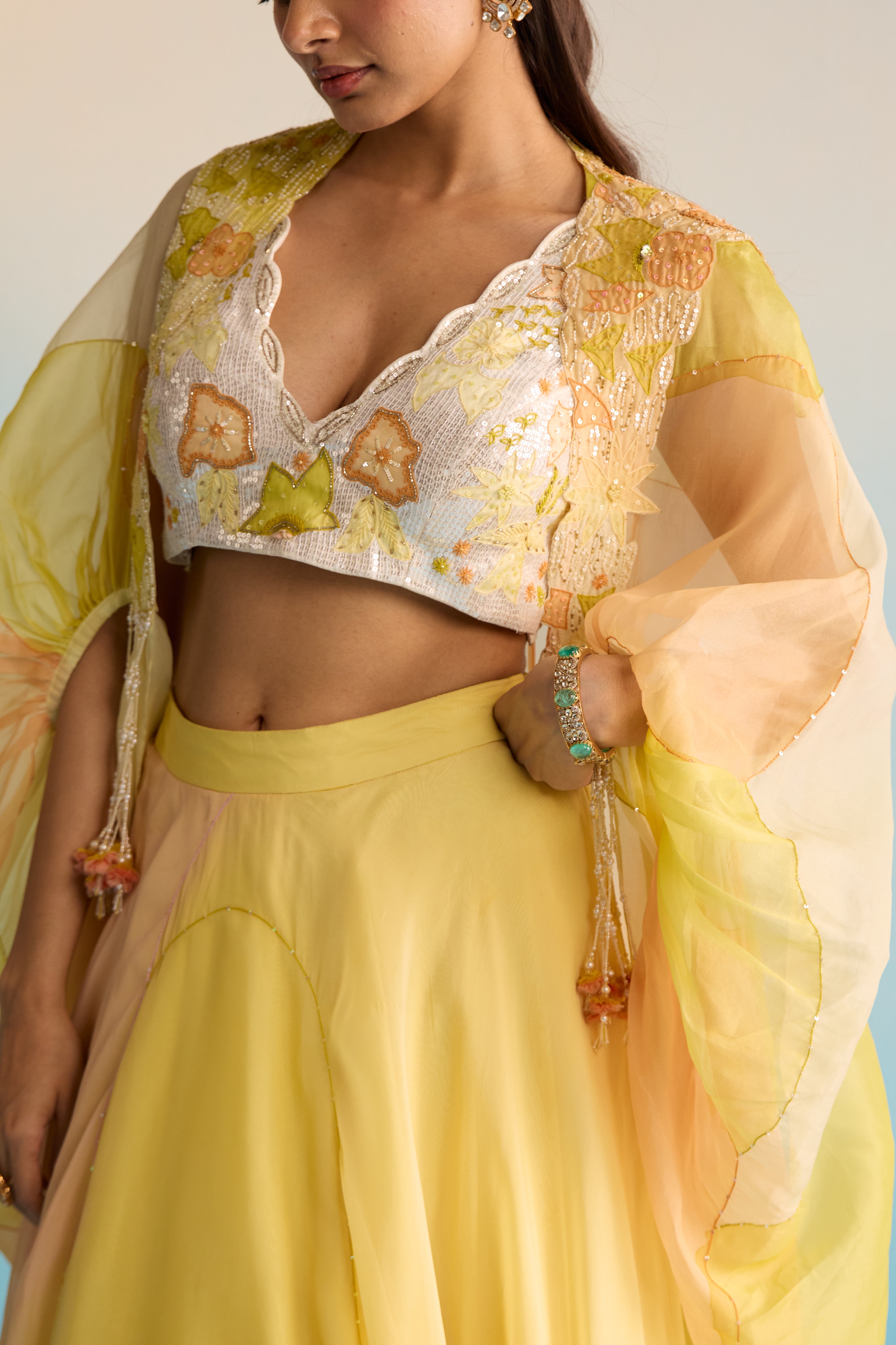 Abeni Yellow Hand-Painted Organza Cape & Skirt Set