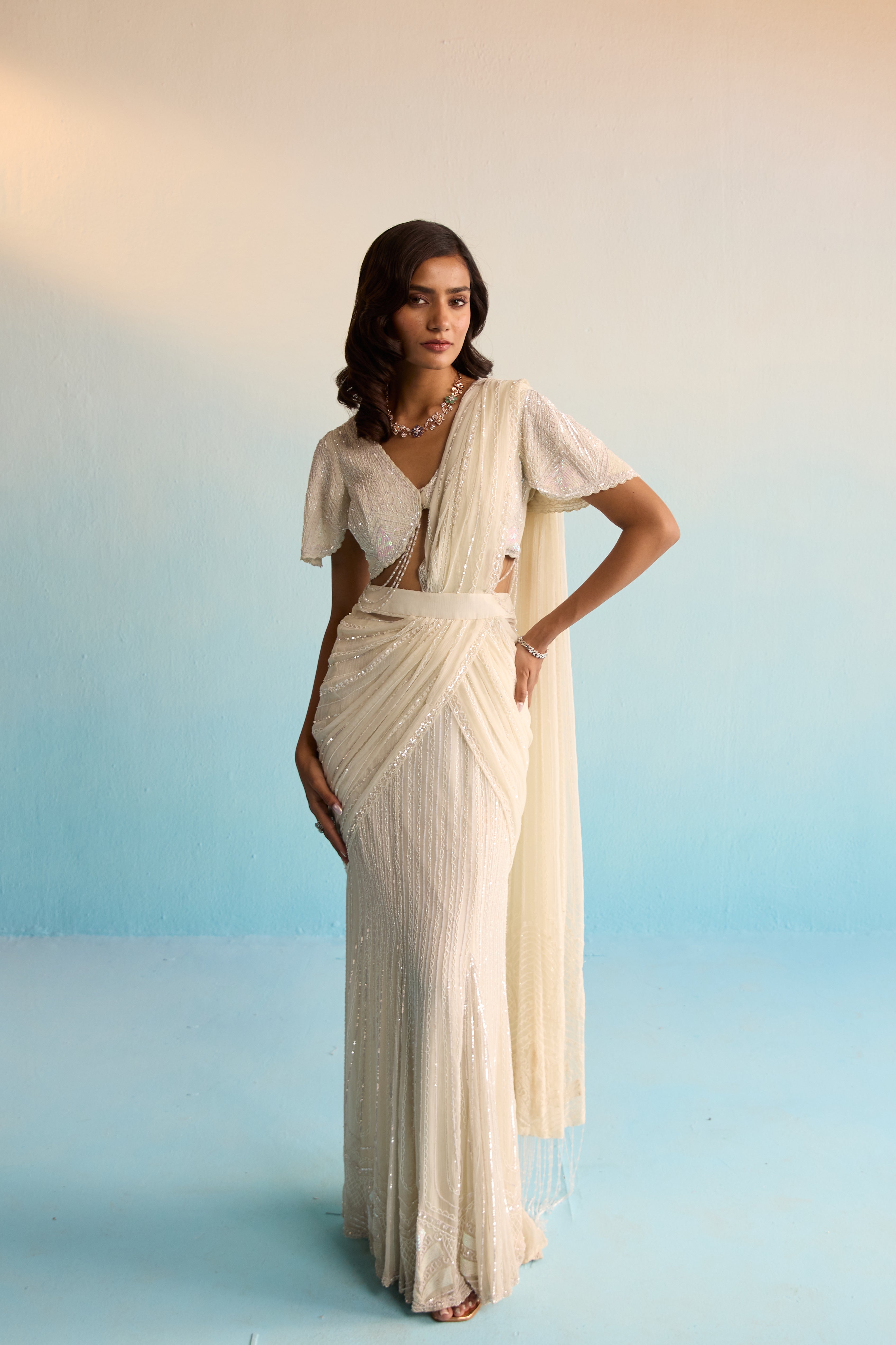 Aurore Pristine White Pre-Draped Saree With Chiffon Overlay, Sequins & Cutdana Detailing