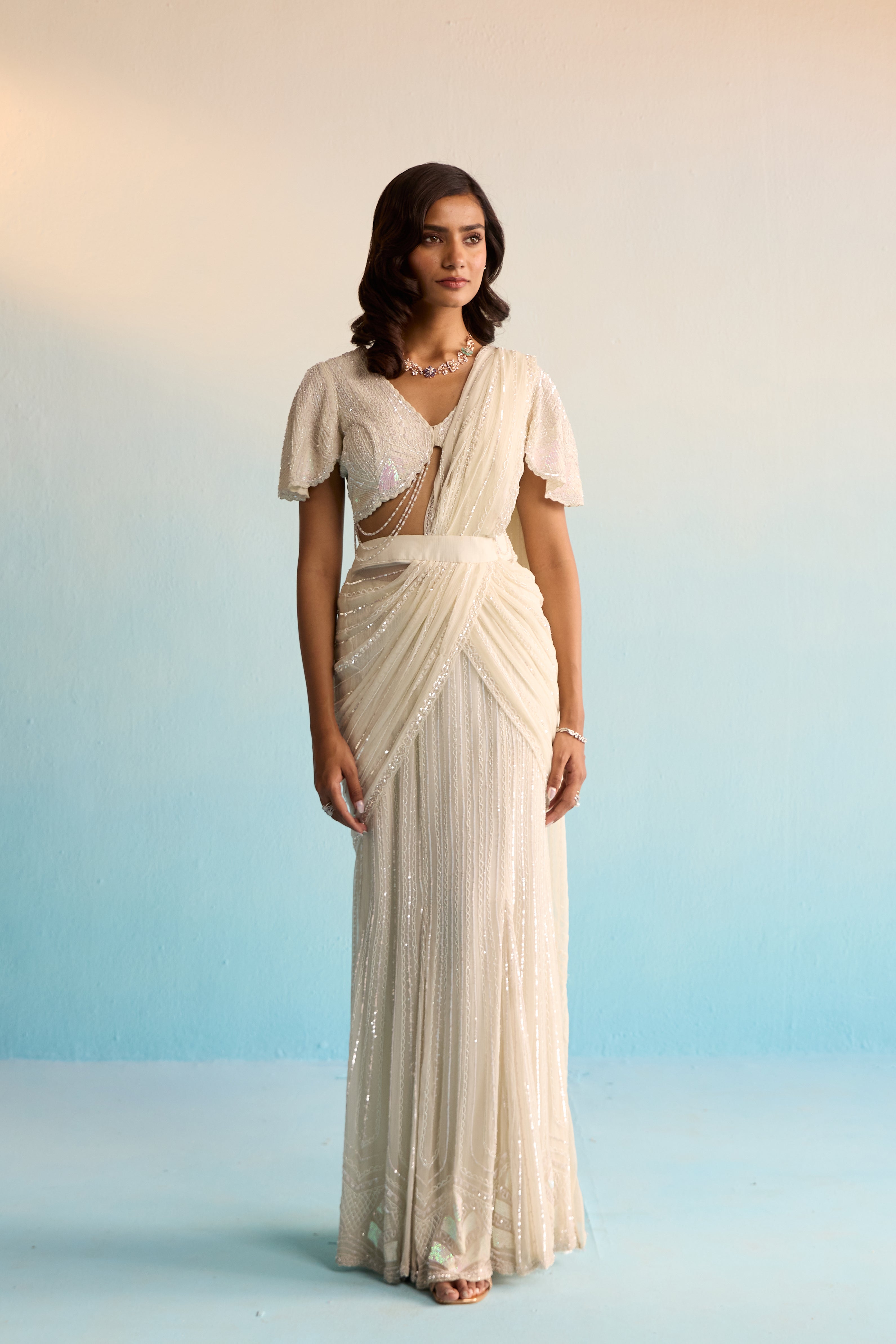 Aurore Pristine White Pre-Draped Saree With Chiffon Overlay, Sequins & Cutdana Detailing