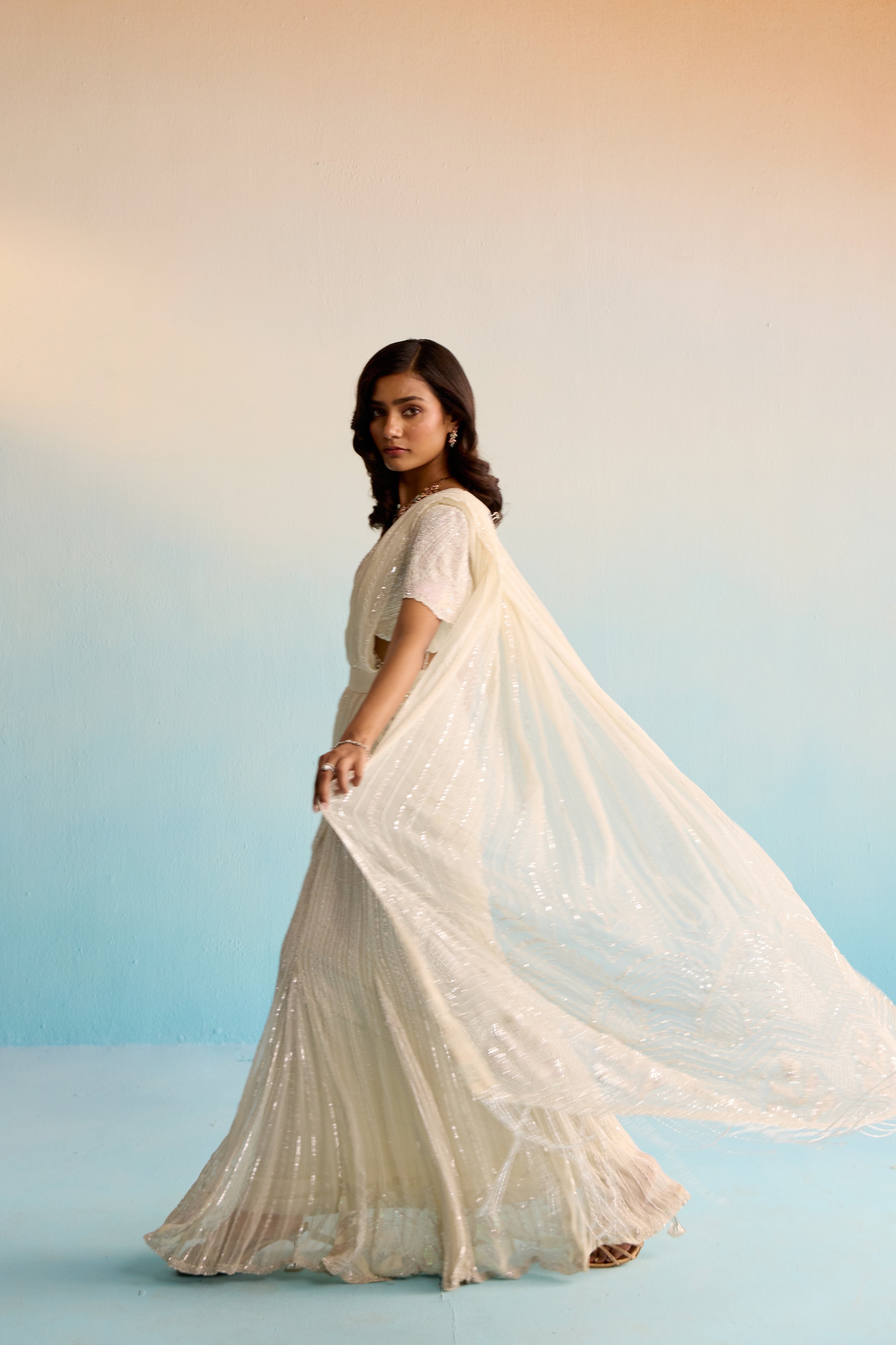 Aurore Pristine White Pre-Draped Saree With Chiffon Overlay, Sequins & Cutdana Detailing