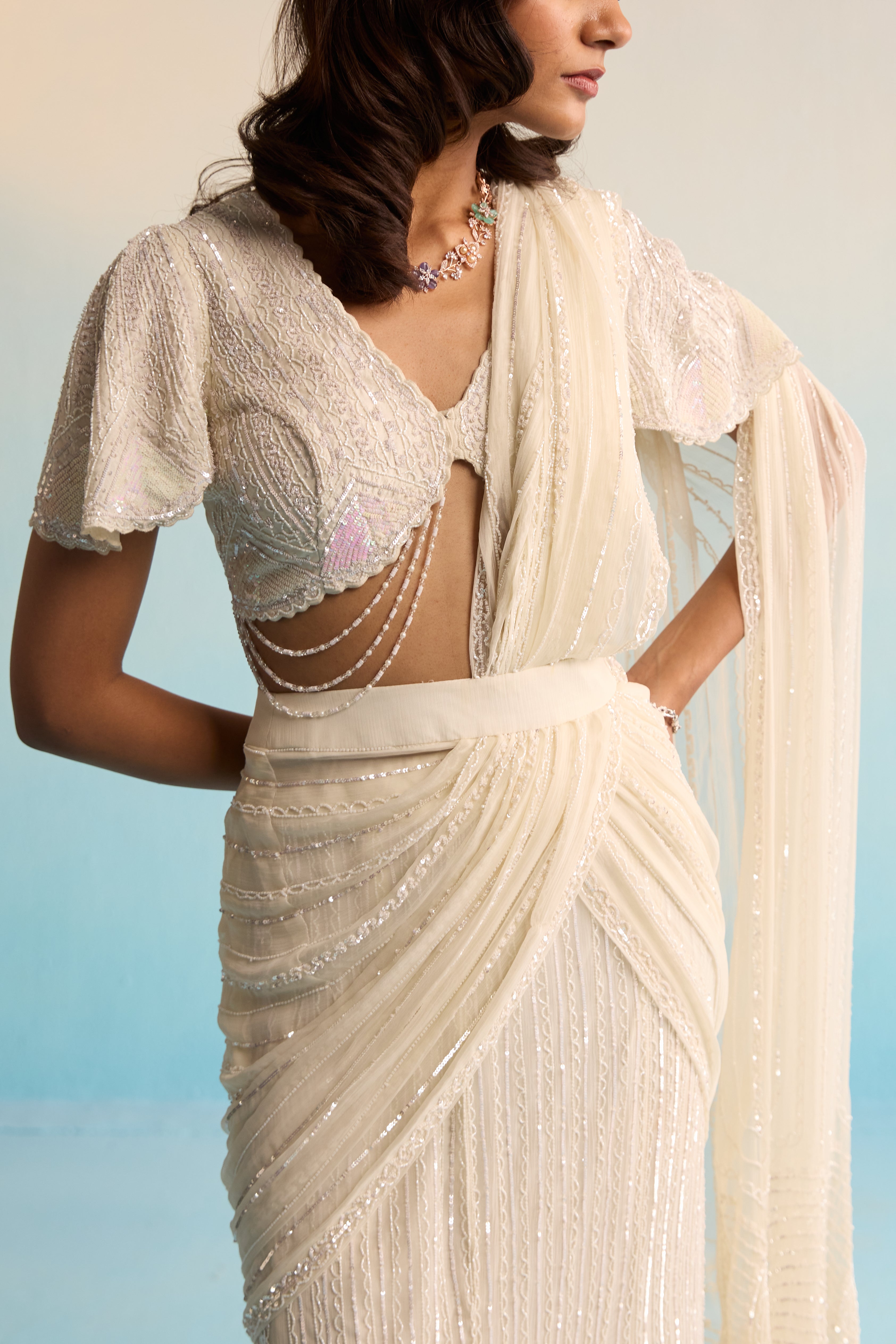 Aurore Pristine White Pre-Draped Saree With Chiffon Overlay, Sequins & Cutdana Detailing