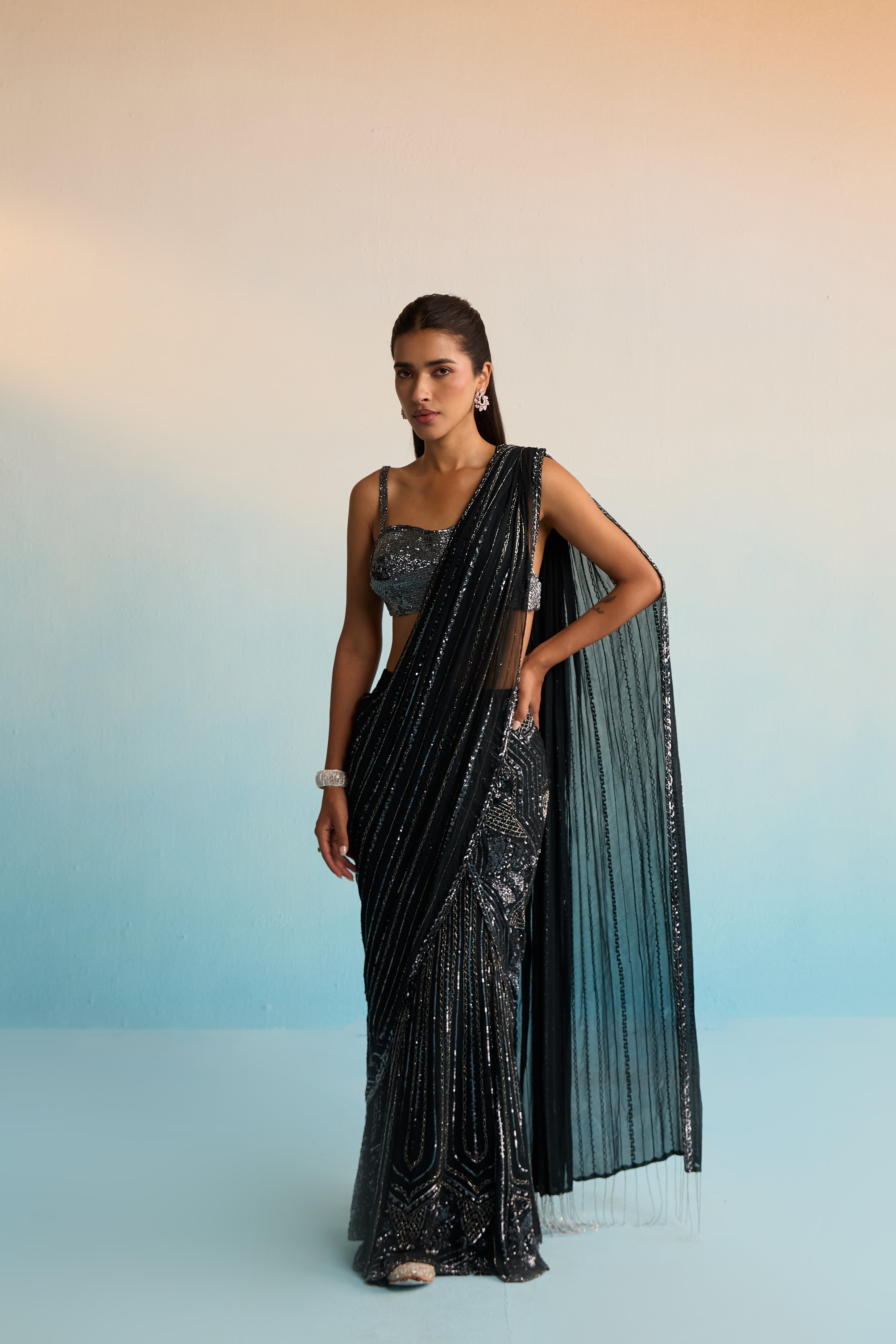 Azure Noir Cutdana Drape Saree