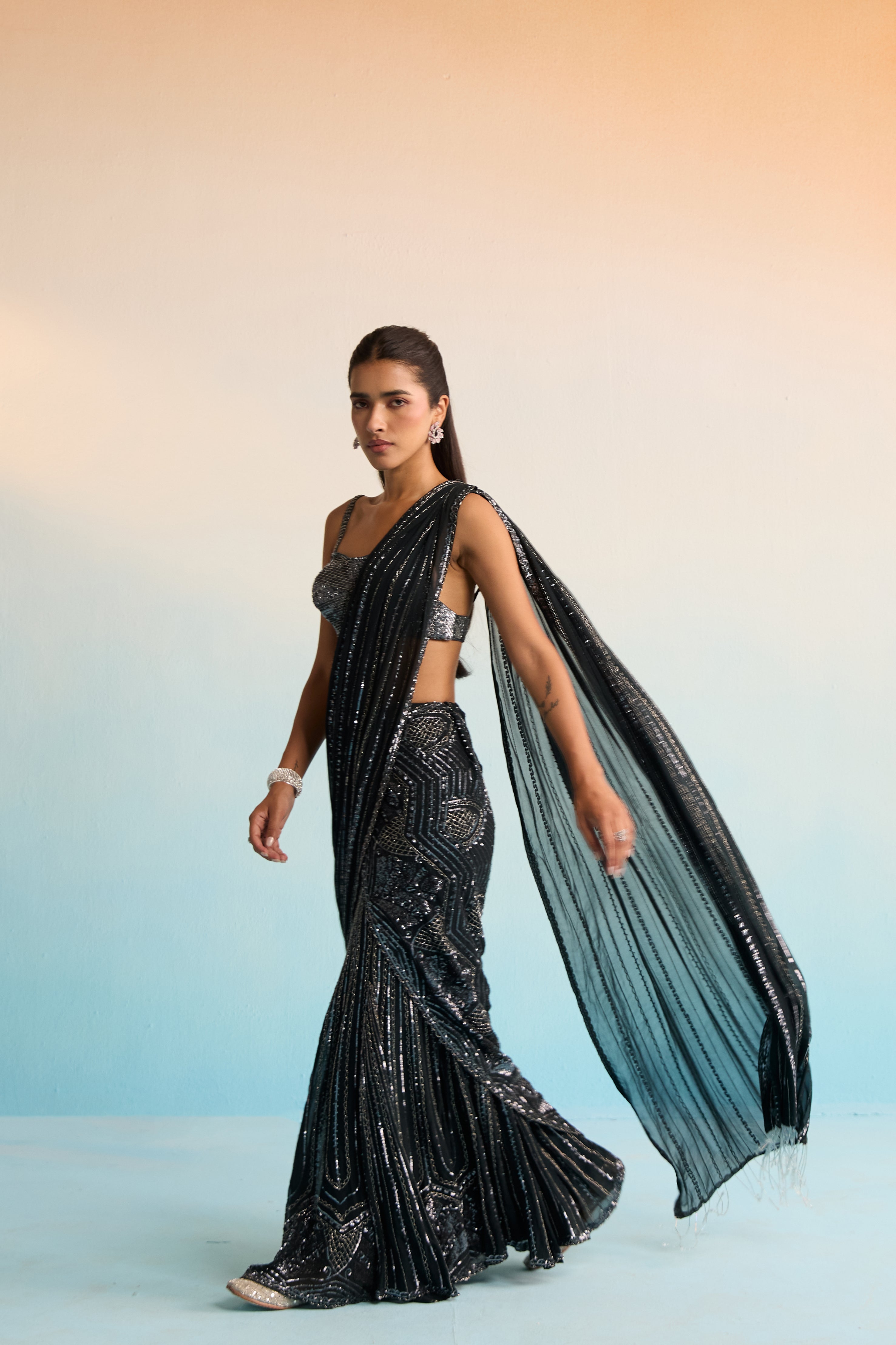 Azure Noir Cutdana Drape Saree