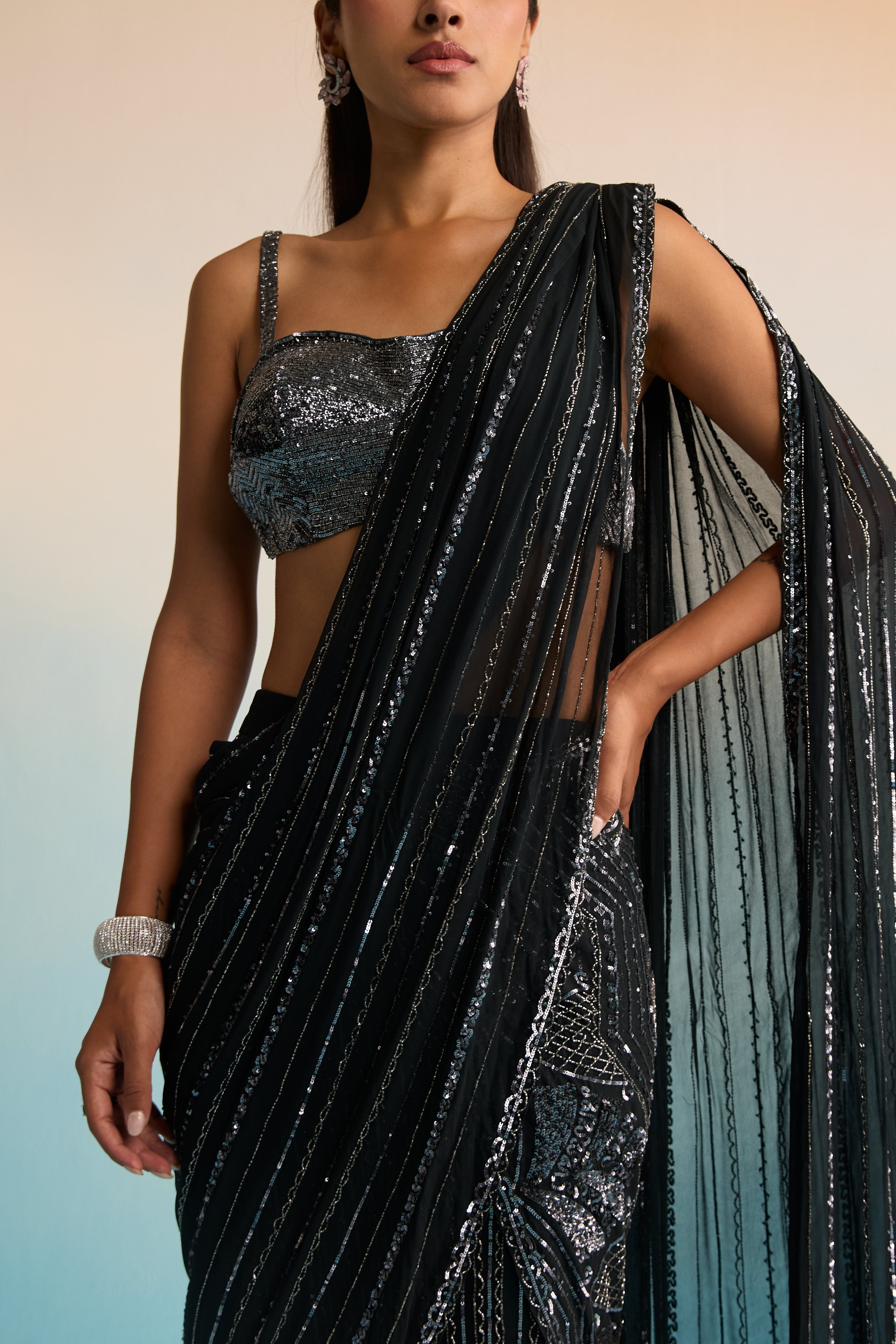 Azure Noir Cutdana Drape Saree