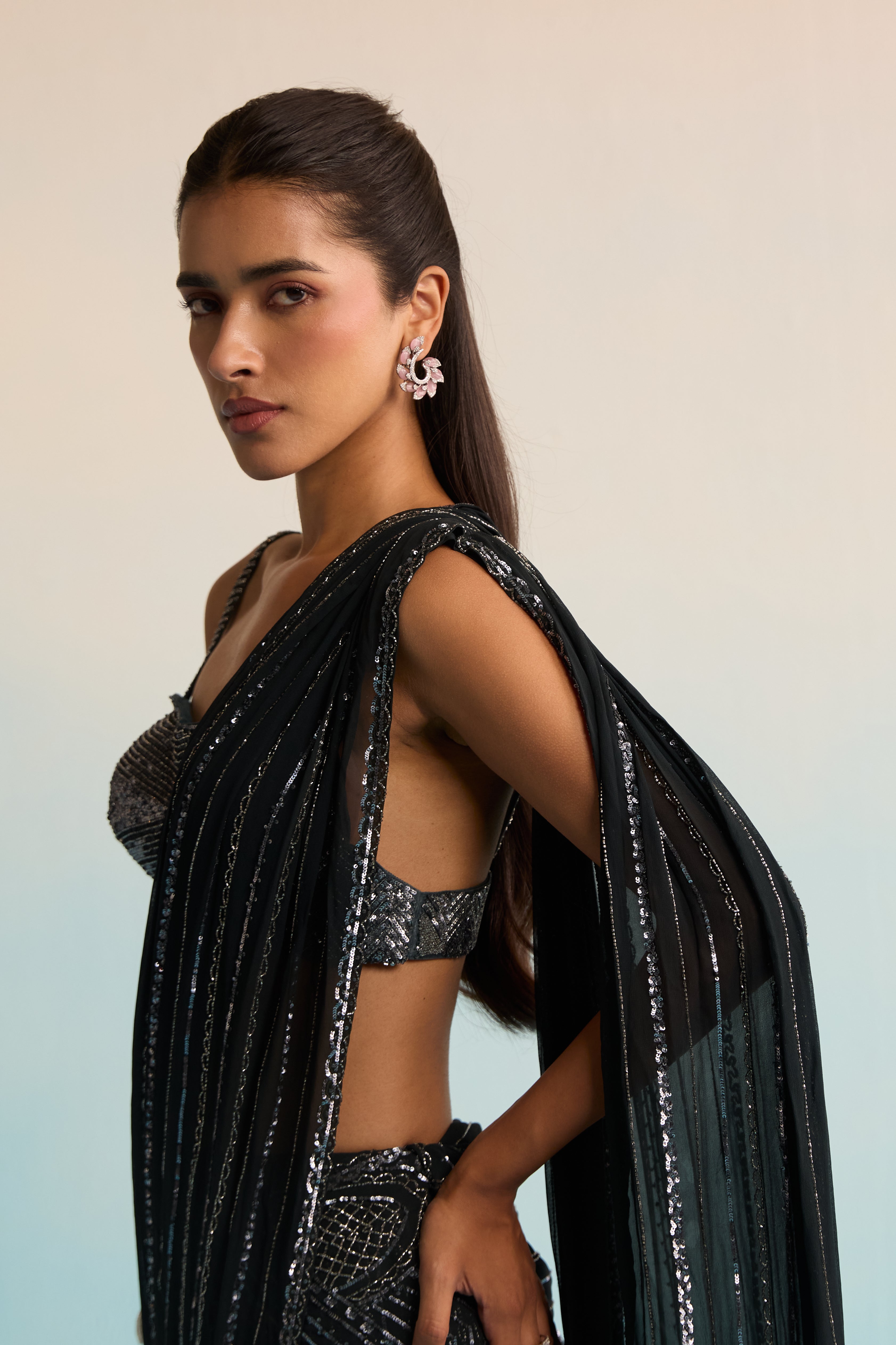 Azure Noir Cutdana Drape Saree