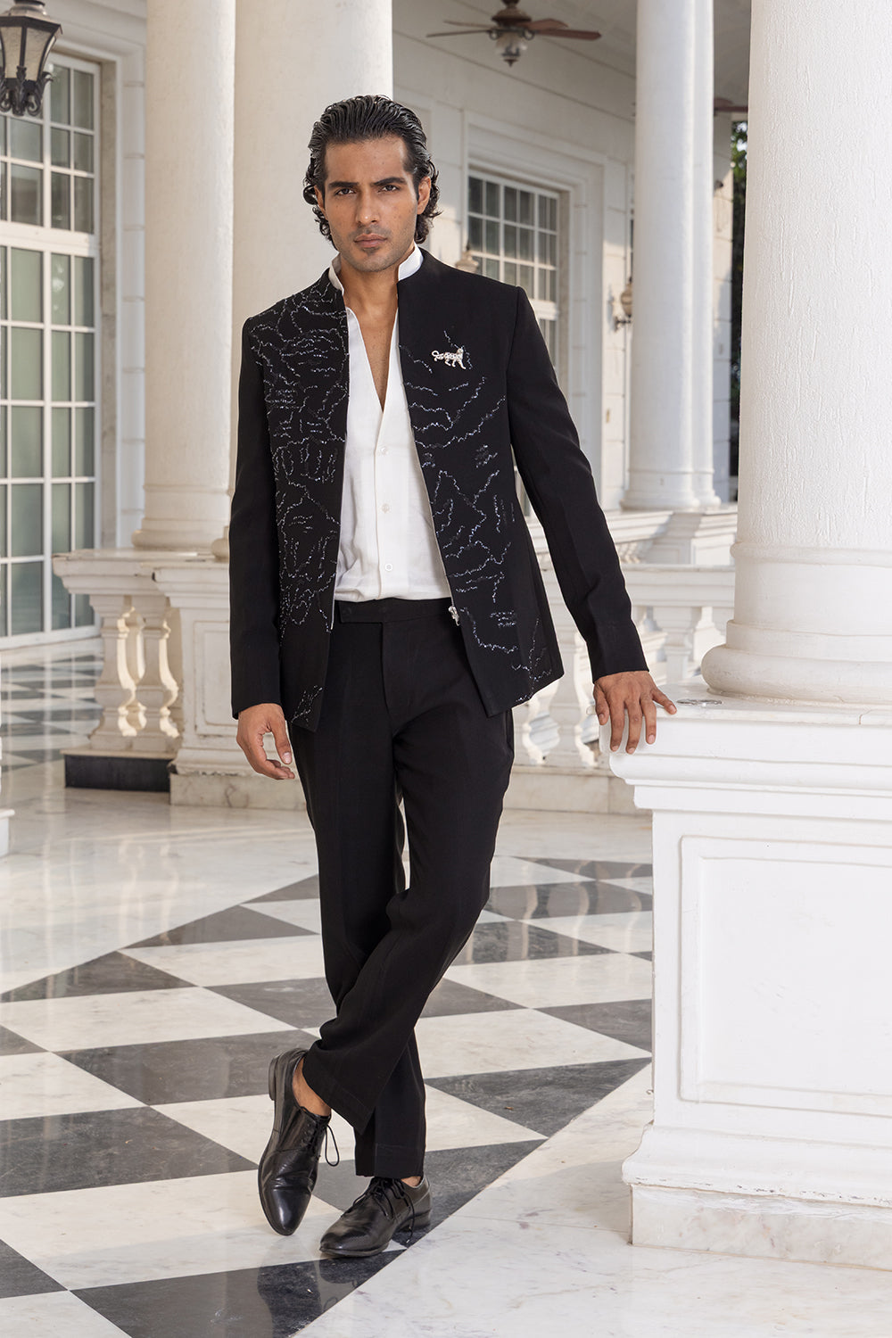 Zyren Black Embroidered Jacket Set with White Shirt