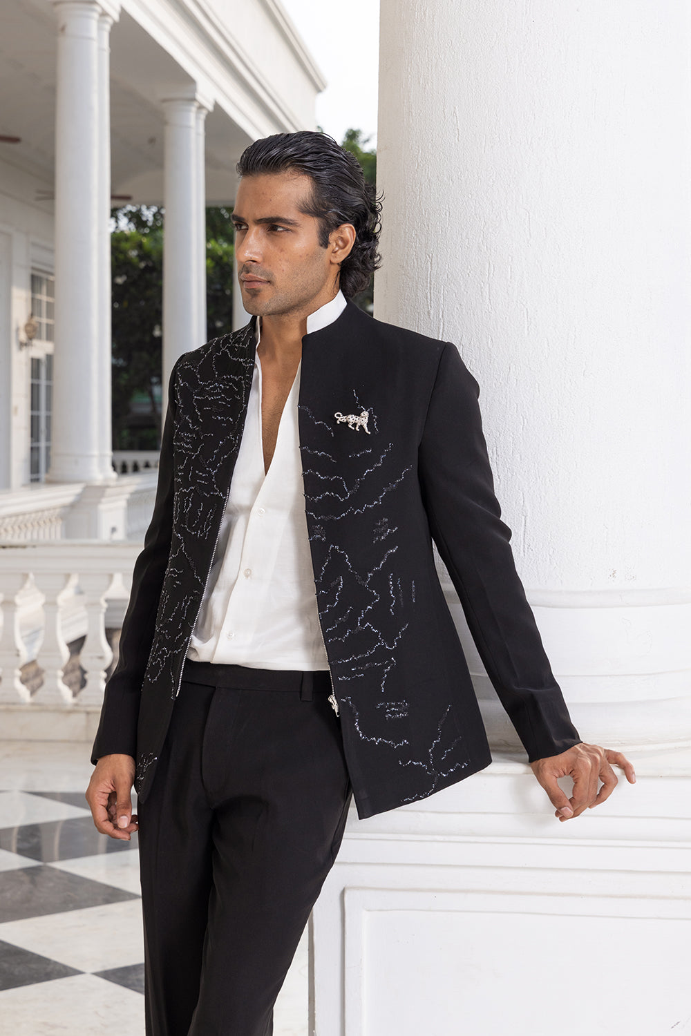 Zyren Black Embroidered Jacket Set with White Shirt