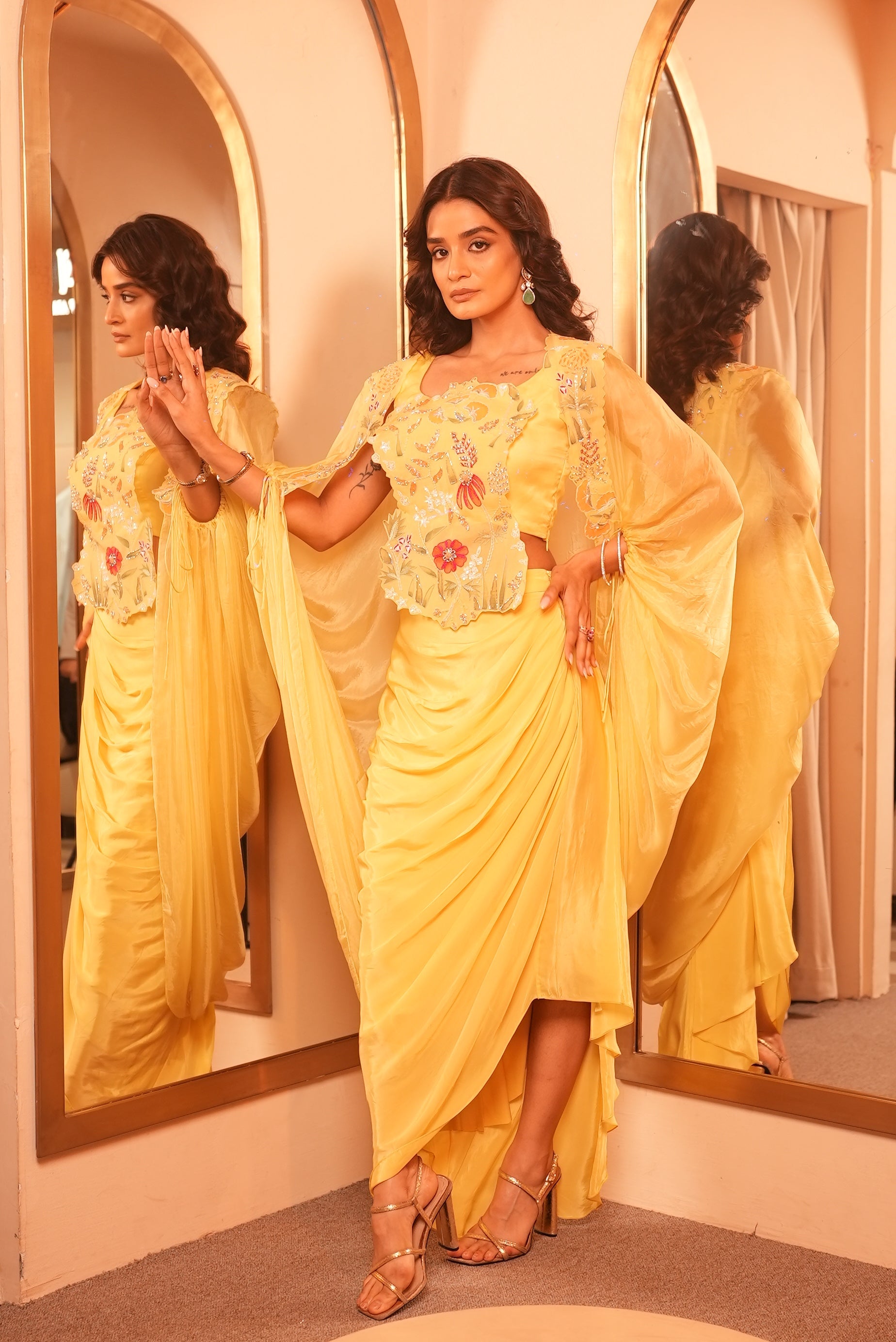 Buttercup Breeze Yellow Hand-Painted Malai Silk Cape & Skirt Set