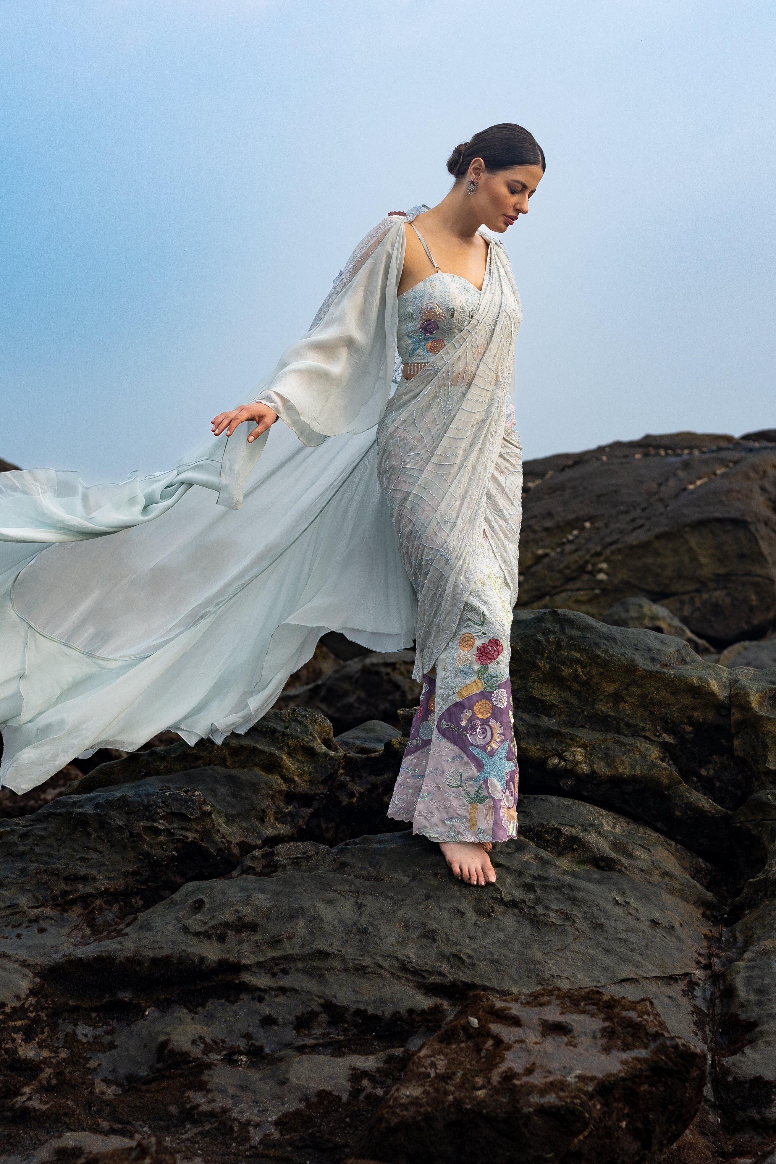 Mint Muse Ice Blue Draped Saree With Cape