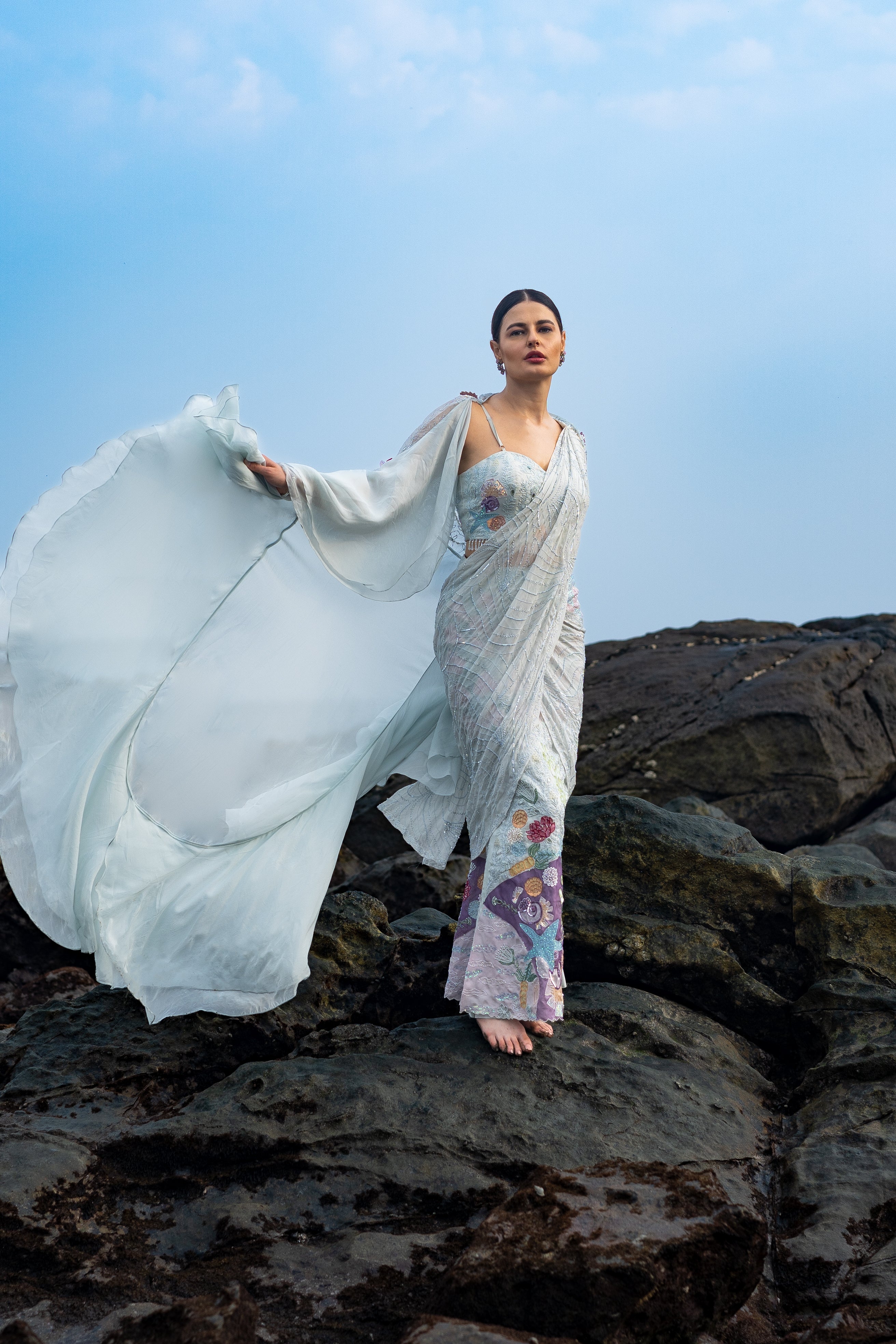 Mint Muse Ice Blue Draped Saree With Cape