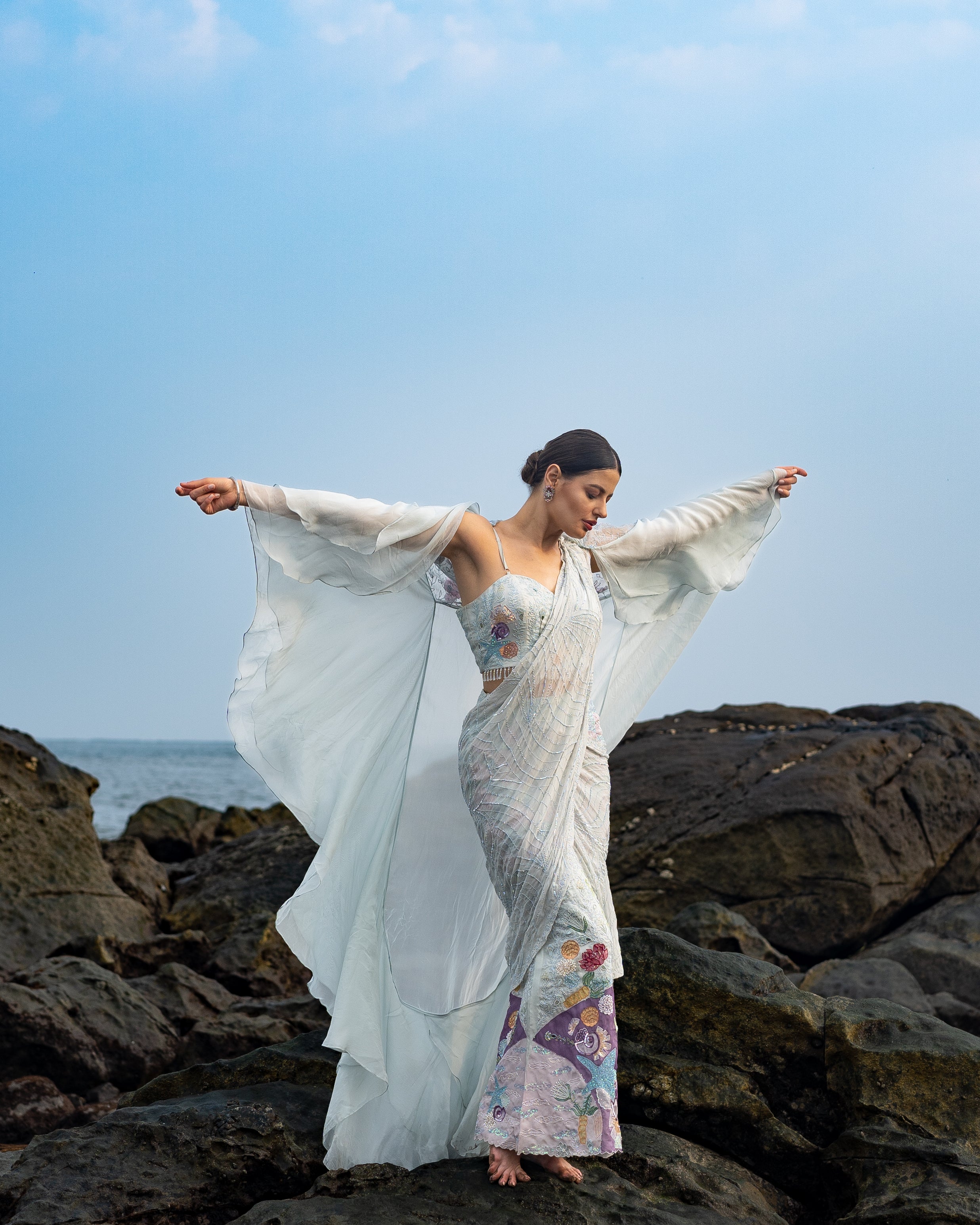 Mint Muse Ice Blue Draped Saree With Cape