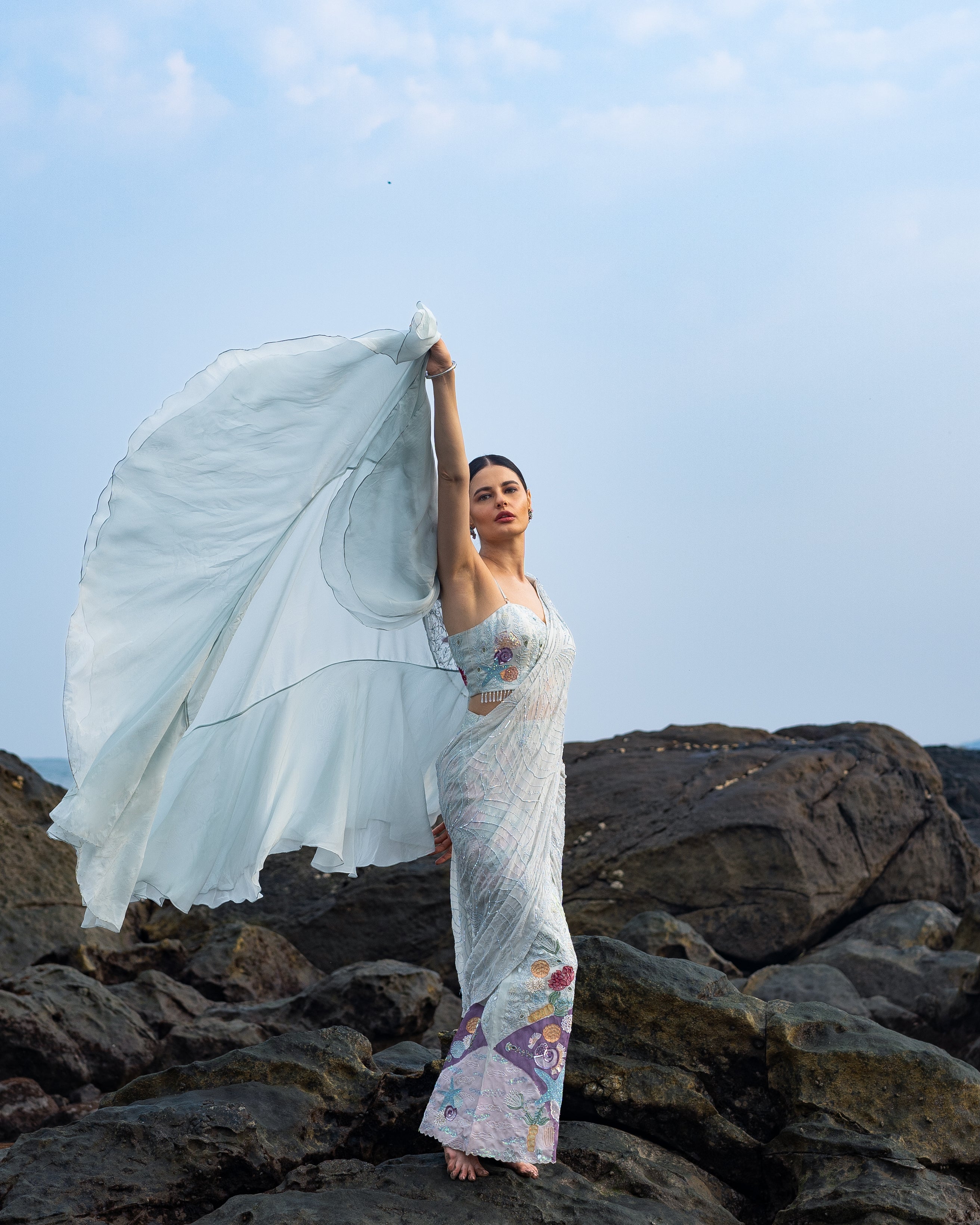 Mint Muse Ice Blue Draped Saree With Cape