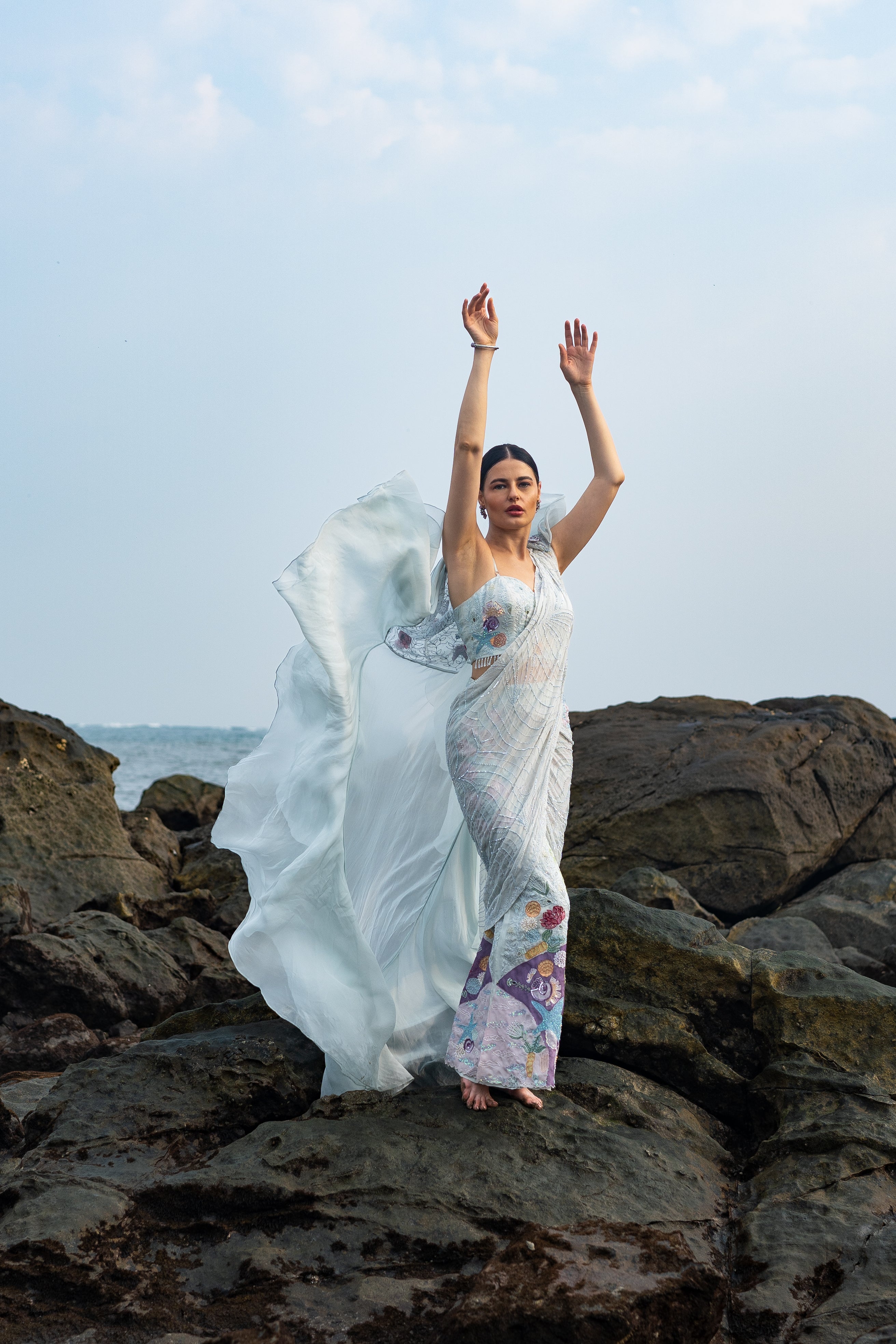 Mint Muse Ice Blue Draped Saree With Cape