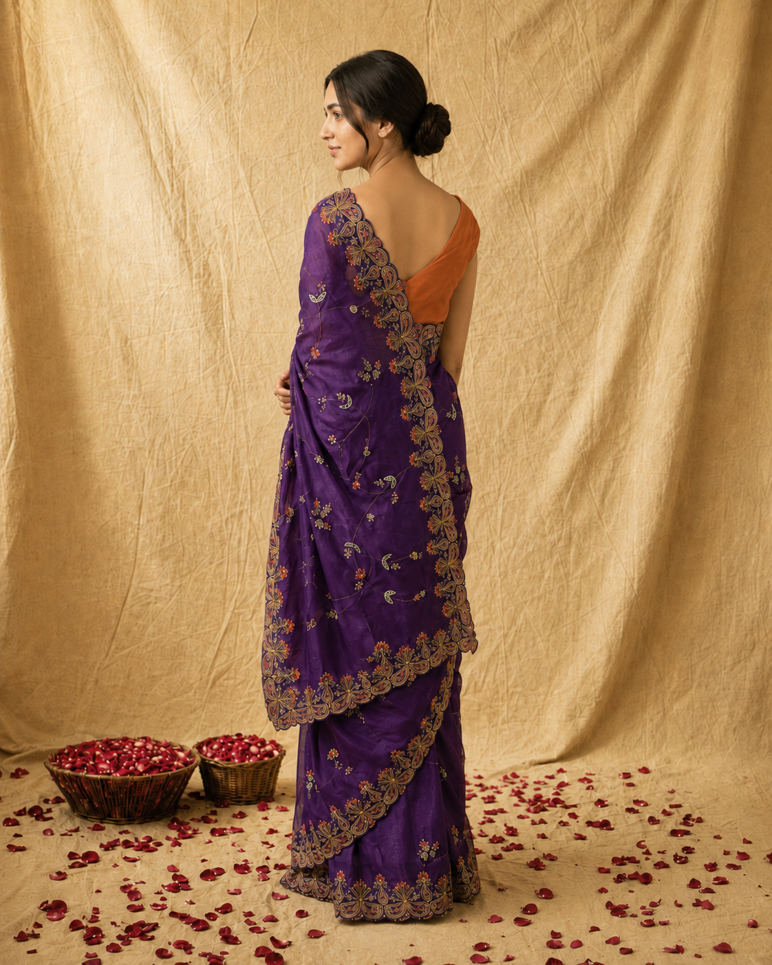 Purple Embroidered Silk Saree with Contrast Orange Blouse