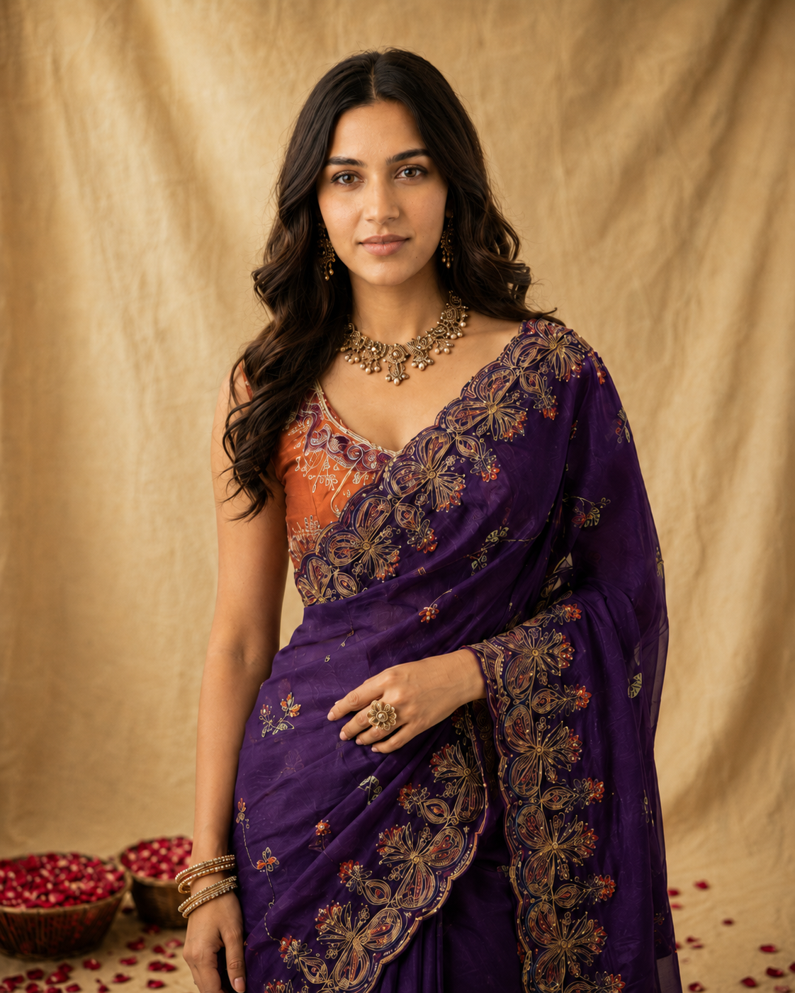 Purple Embroidered Silk Saree with Contrast Orange Blouse