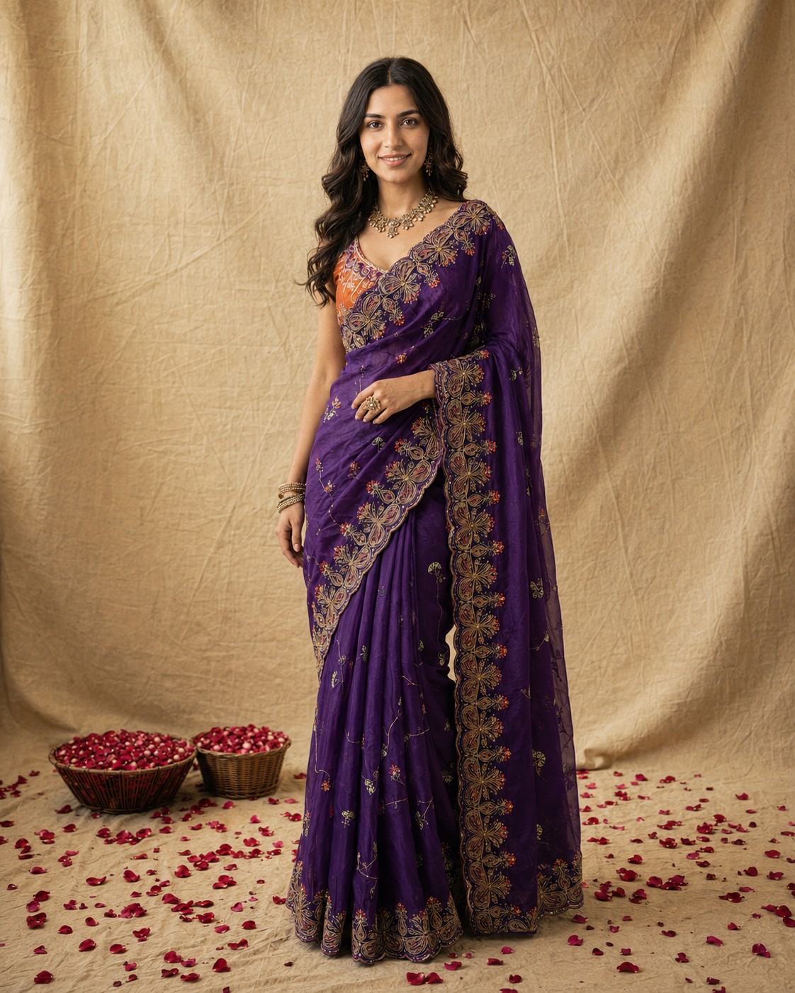 Purple Embroidered Silk Saree with Contrast Orange Blouse