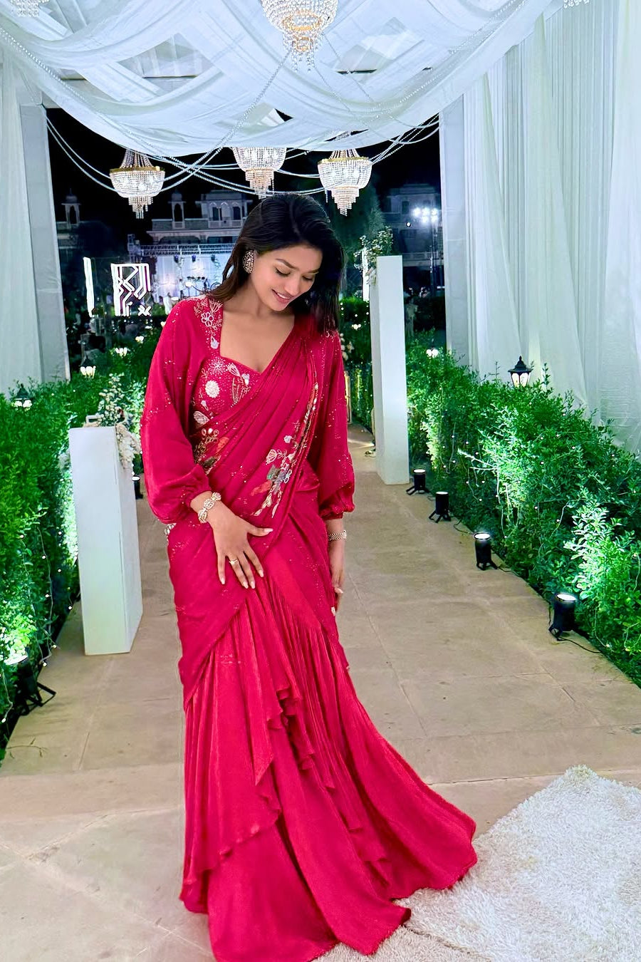 Fuchsia Fantasia Pre-Draped Saree in Satin Georgette & Crepe with Handpaint, Cutdana & Sequin Work
