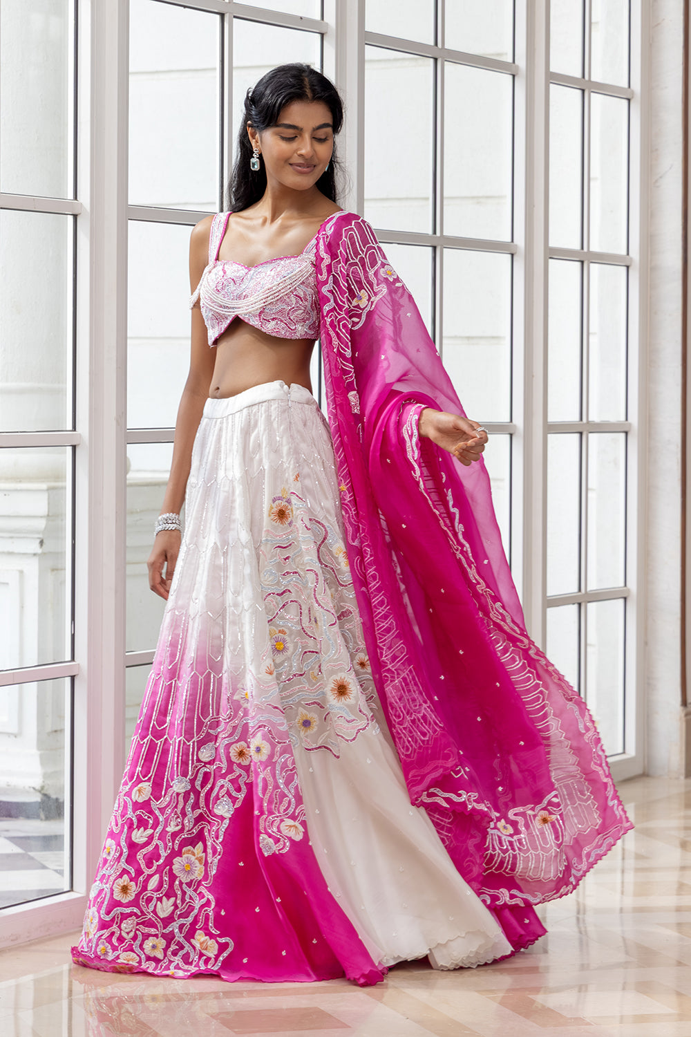 Blushen Pink-White Ombre Embroidered Skirt with Blouse and Matching Dupatta