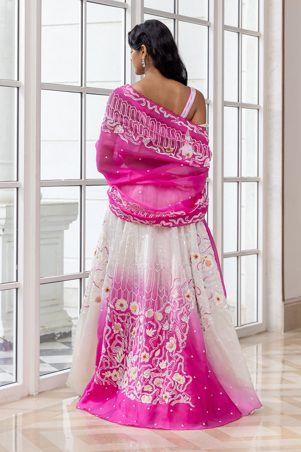 Blushen Pink-White Ombre Embroidered Skirt with Blouse and Matching Dupatta