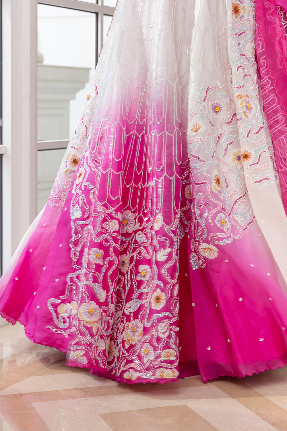 Blushen Pink-White Ombre Embroidered Skirt with Blouse and Matching Dupatta