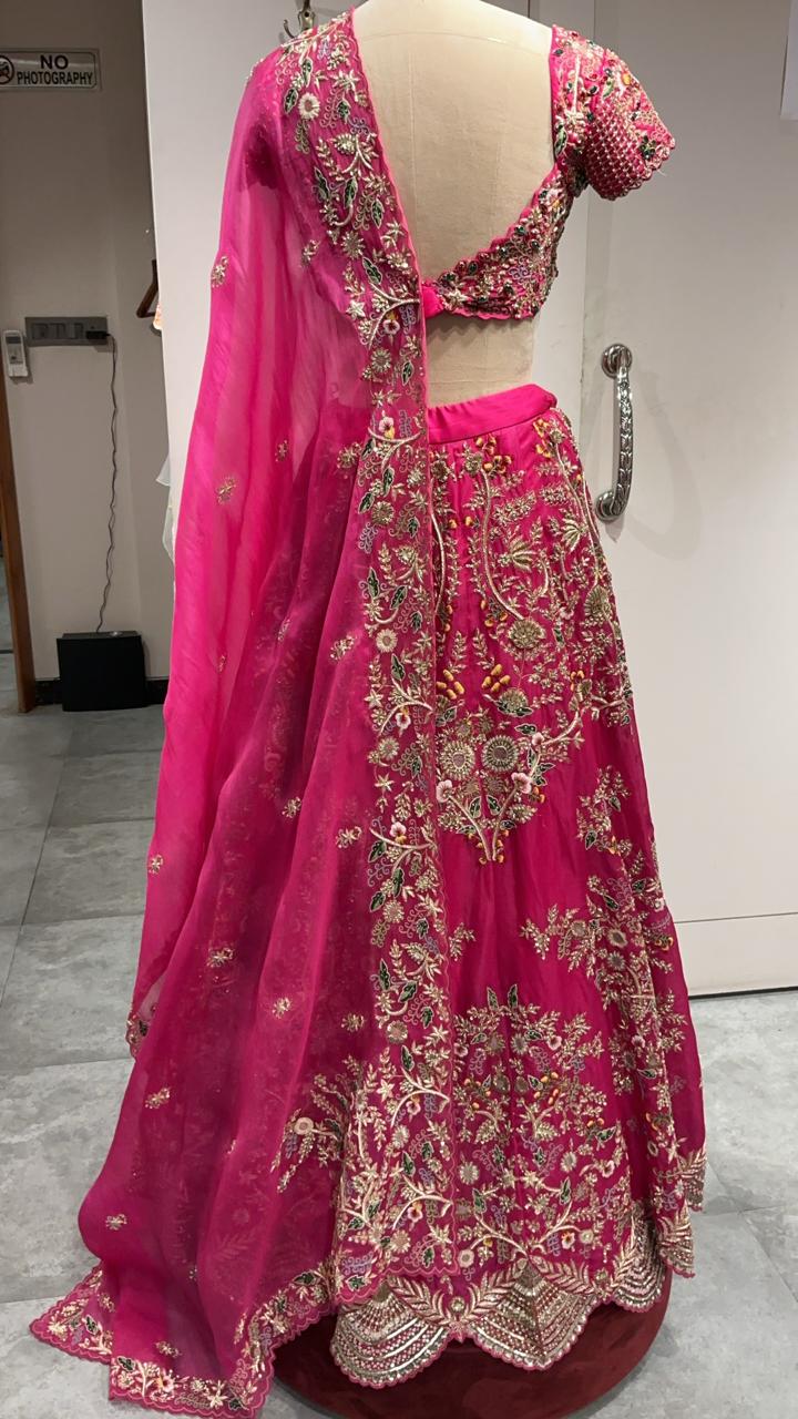 Hot Pink Floral Embroidered Bridal Lehenga Set
