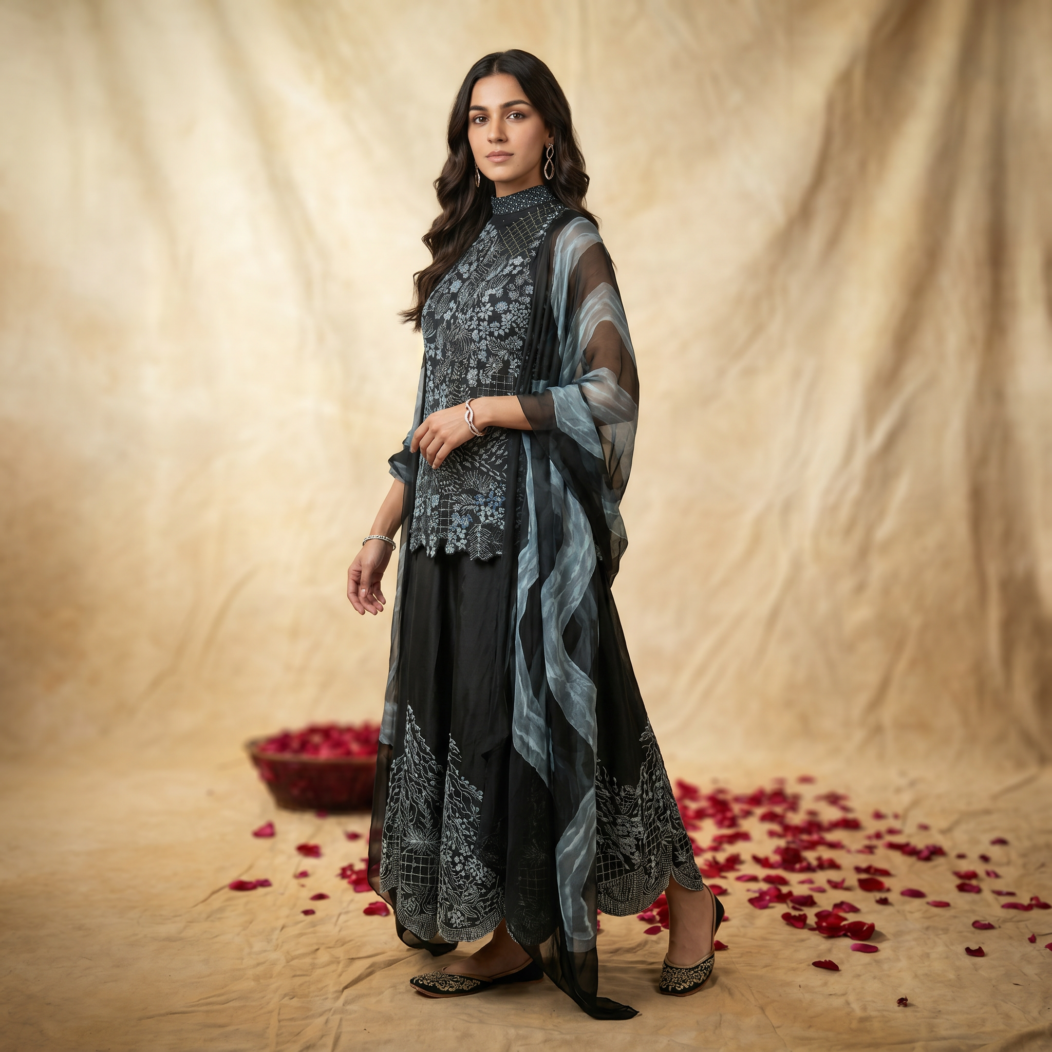 Black & Grey Printed Anarkali Set with Attached Cape Dupatta