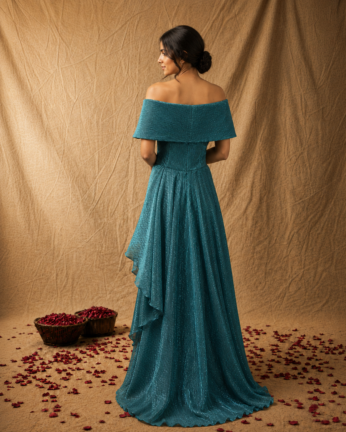 Teal Off-Shoulder Textured Gown with Cape Overlay