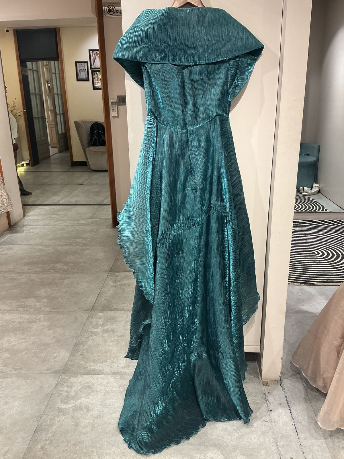 Teal Off-Shoulder Textured Gown with Cape Overlay