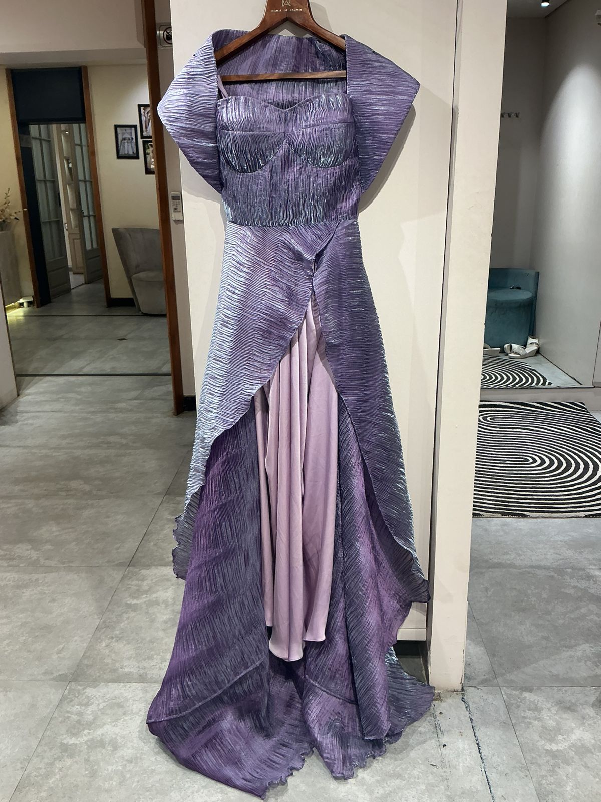 Purple Off-Shoulder Textured Gown with Cape Overlay