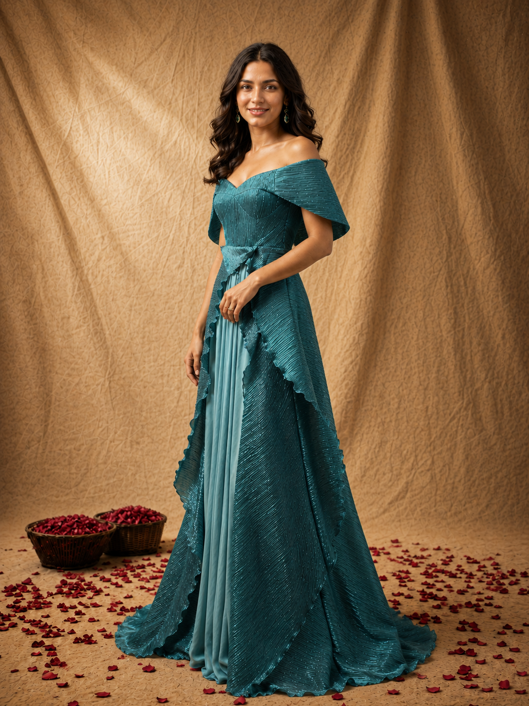 Teal Off-Shoulder Textured Gown with Cape Overlay