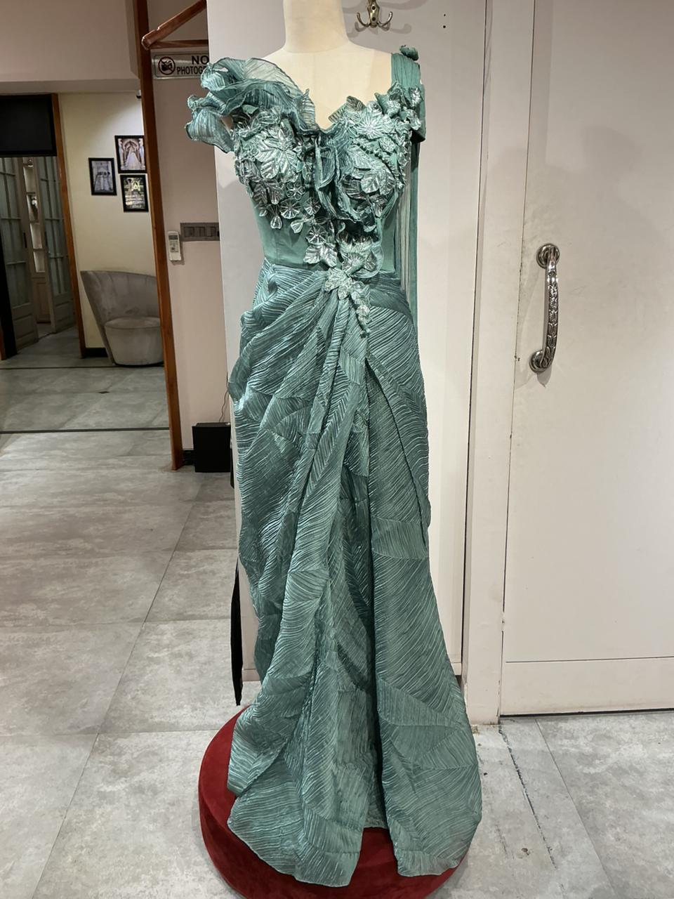 Sage Green Textured Mermaid Gown with 3D Floral Bodice
