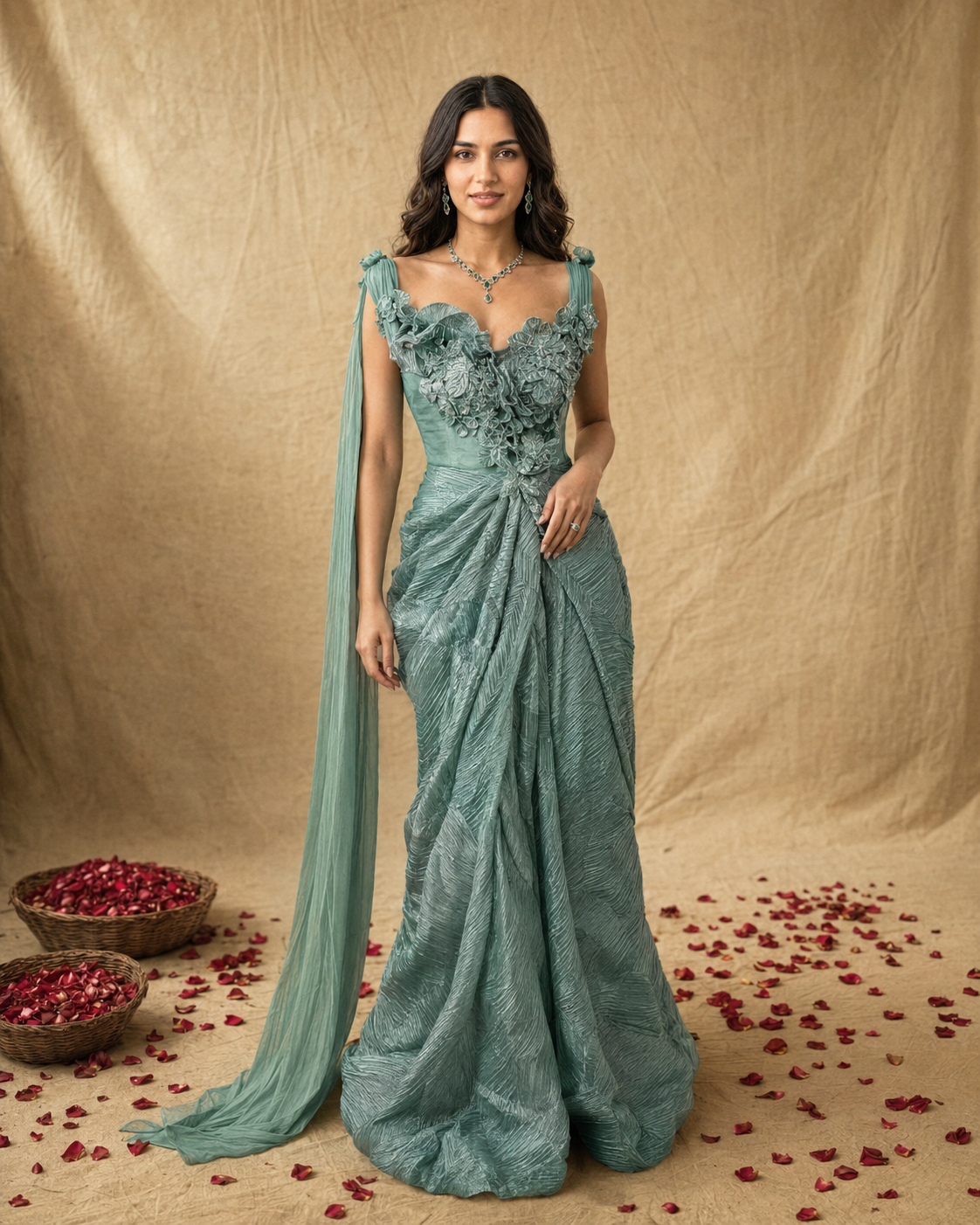Sage Green Textured Mermaid Gown with 3D Floral Bodice