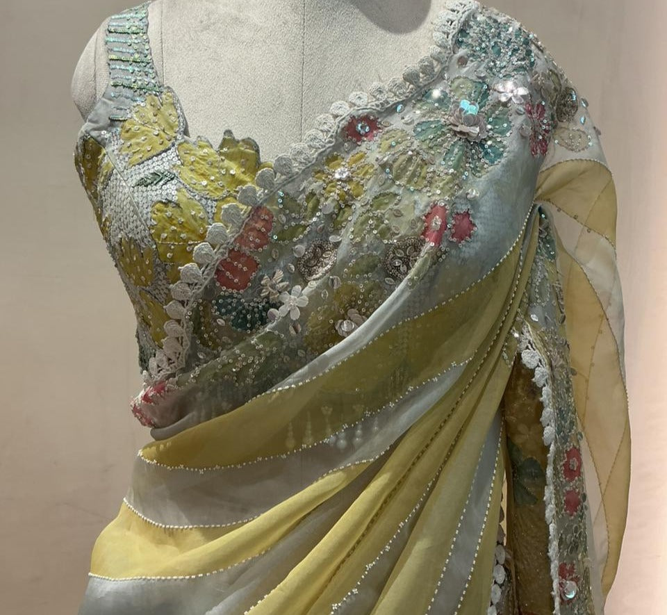 Grey-Yellow Ombre Striped Saree with Floral Embroidered Border