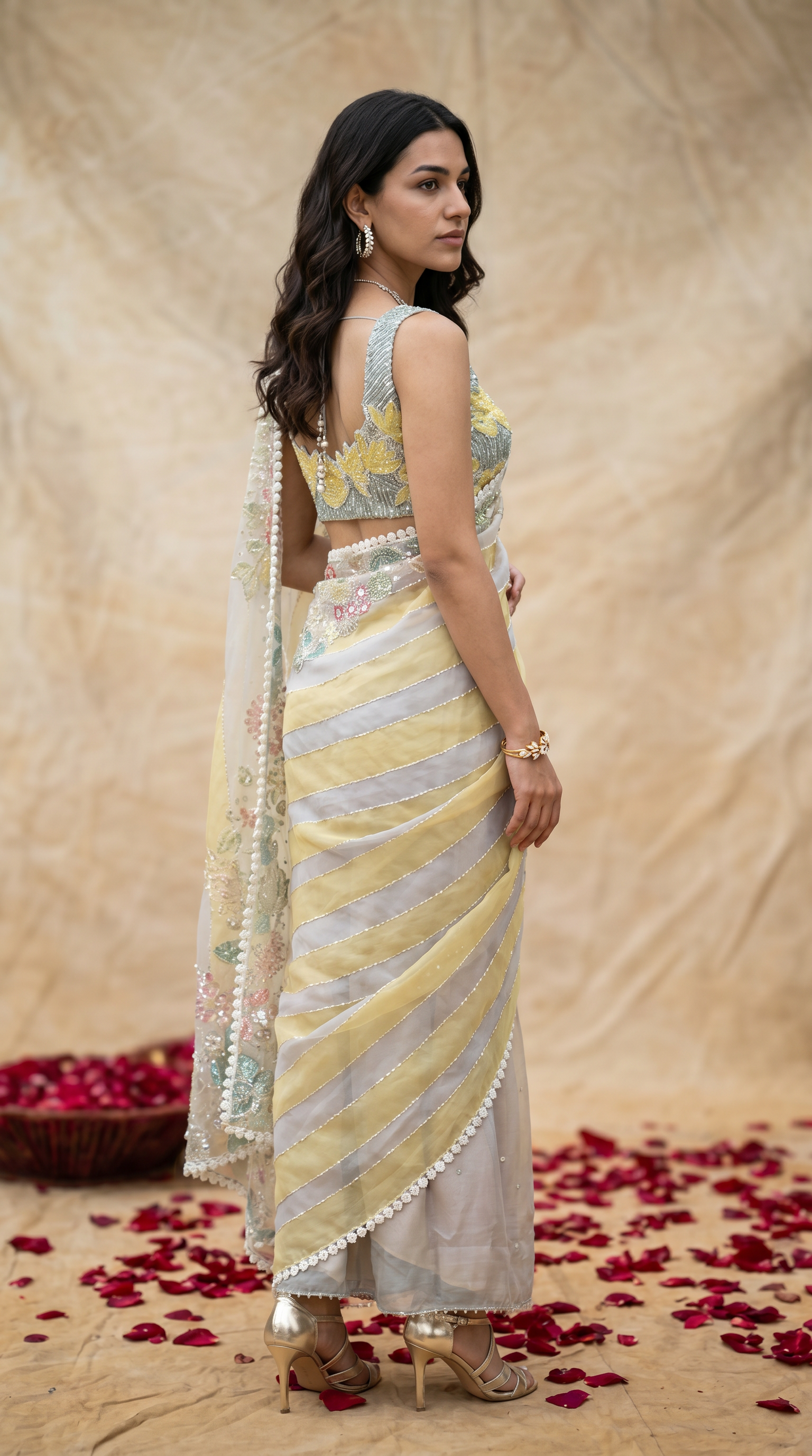 Grey-Yellow Ombre Striped Saree with Floral Embroidered Border