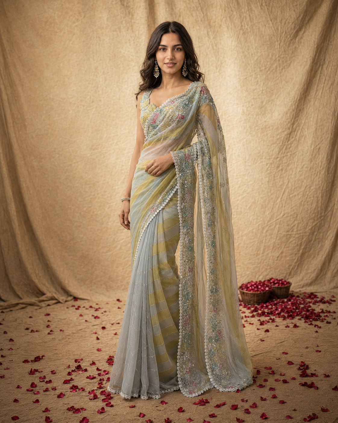 Grey-Yellow Ombre Striped Saree with Floral Embroidered Border