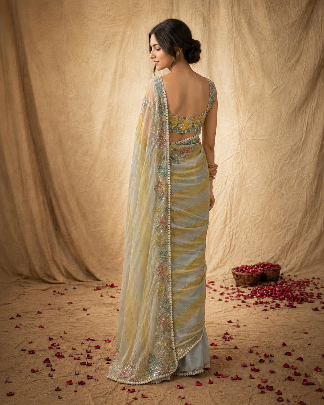 Grey-Yellow Ombre Striped Saree with Floral Embroidered Border