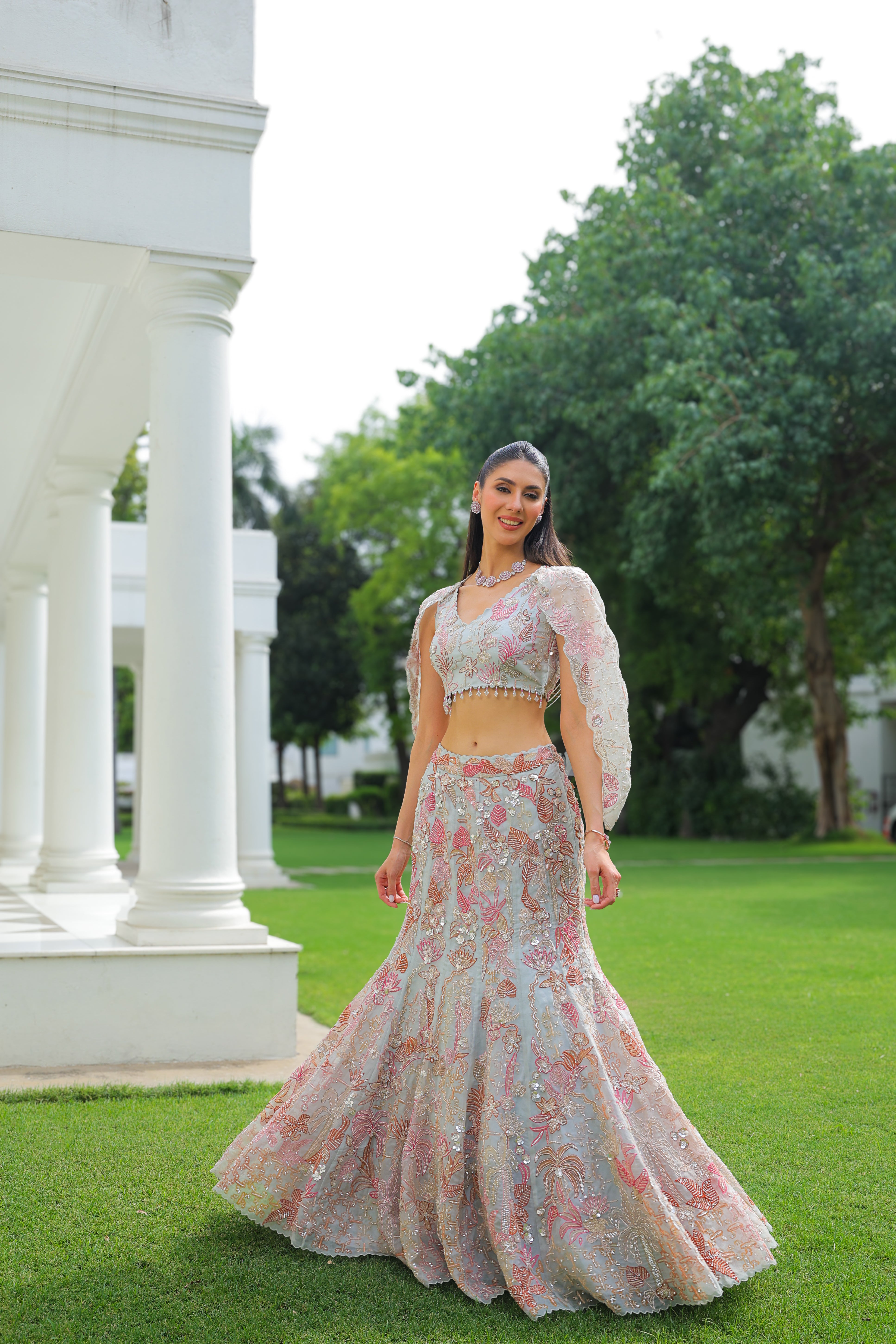 Powder Blue Multicolor Floral Embroidered Fishtail Lehenga Set
