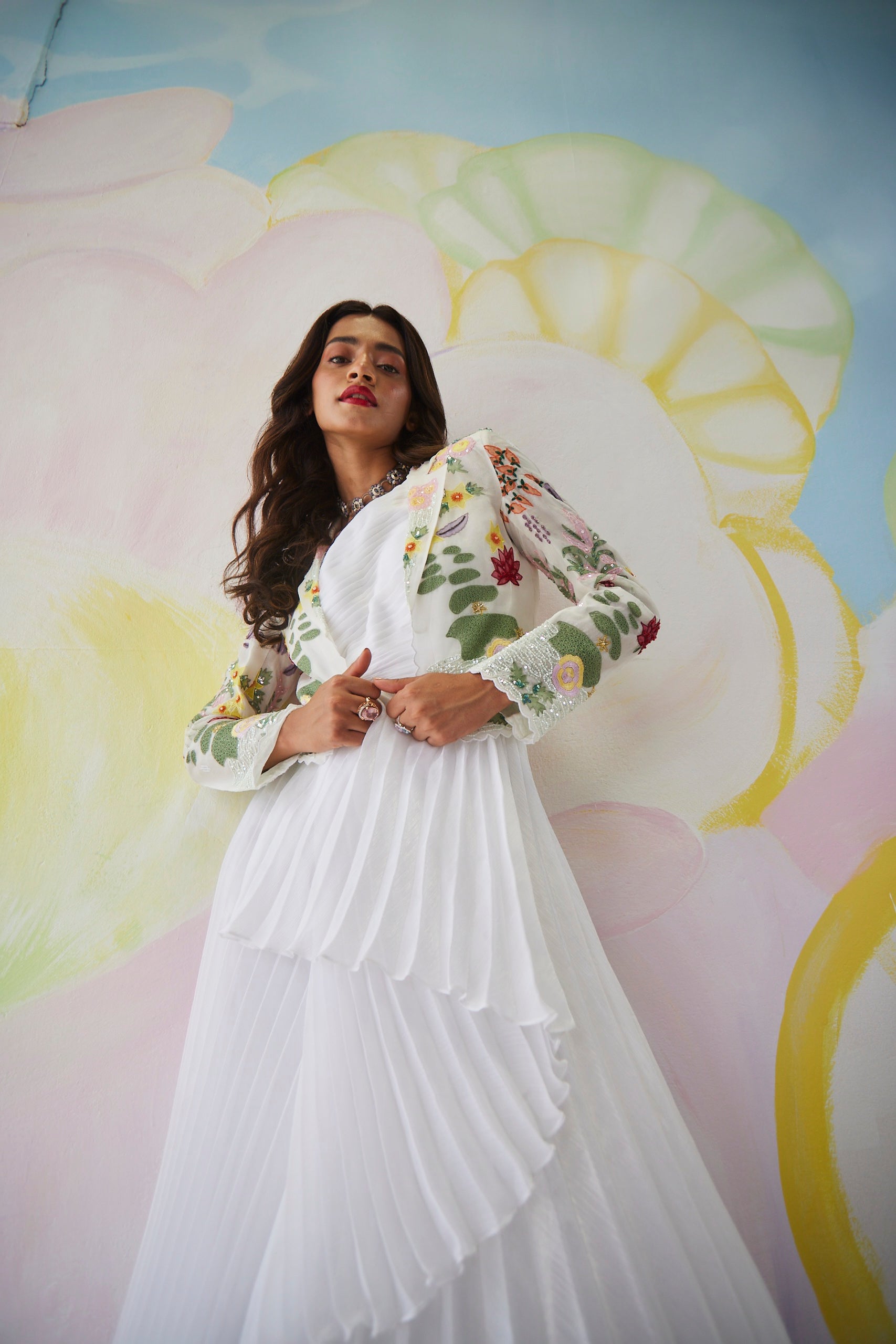 Rosewater Drift Handpainted Asymmetrical Gown with Crop Jacket