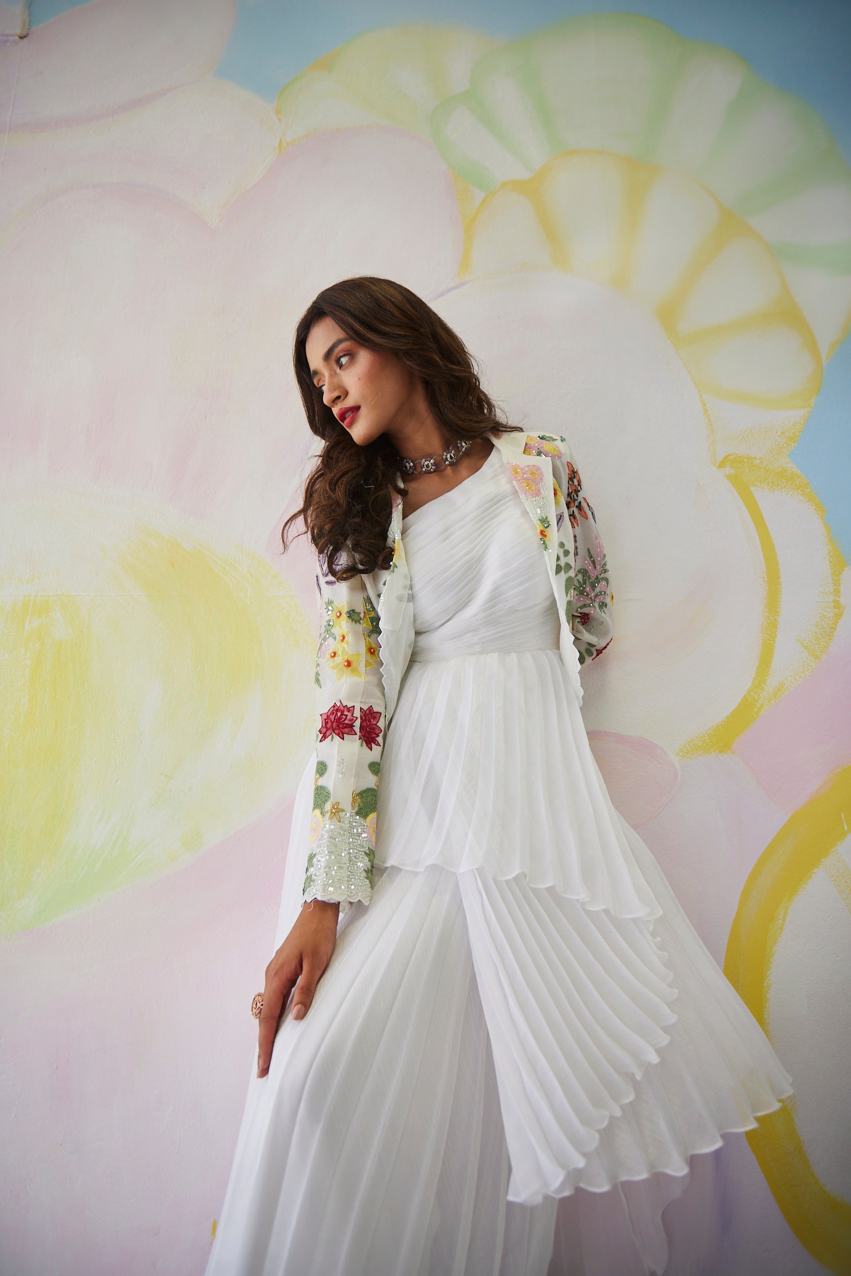 Rosewater Drift Handpainted Asymmetrical Gown with Crop Jacket