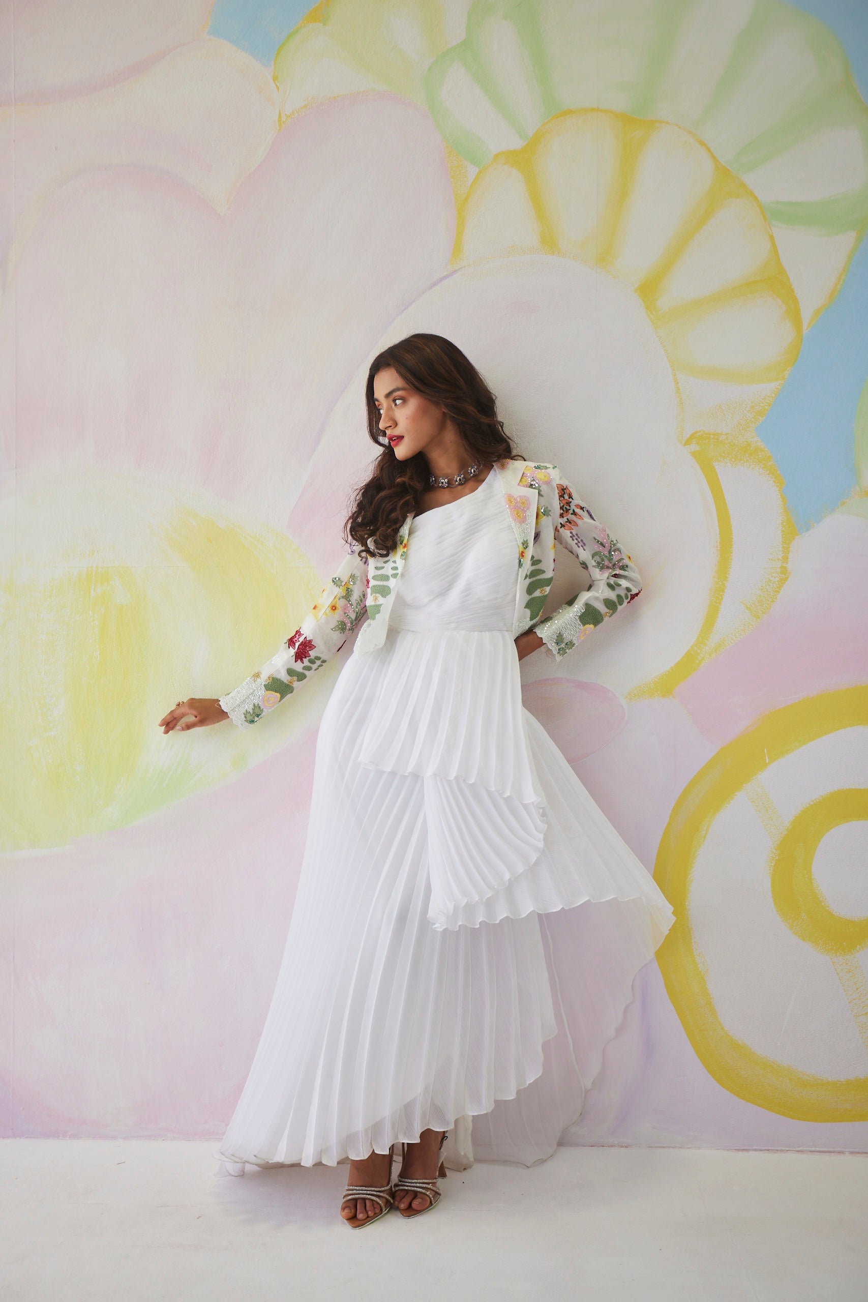 Rosewater Drift Handpainted Asymmetrical Gown with Crop Jacket