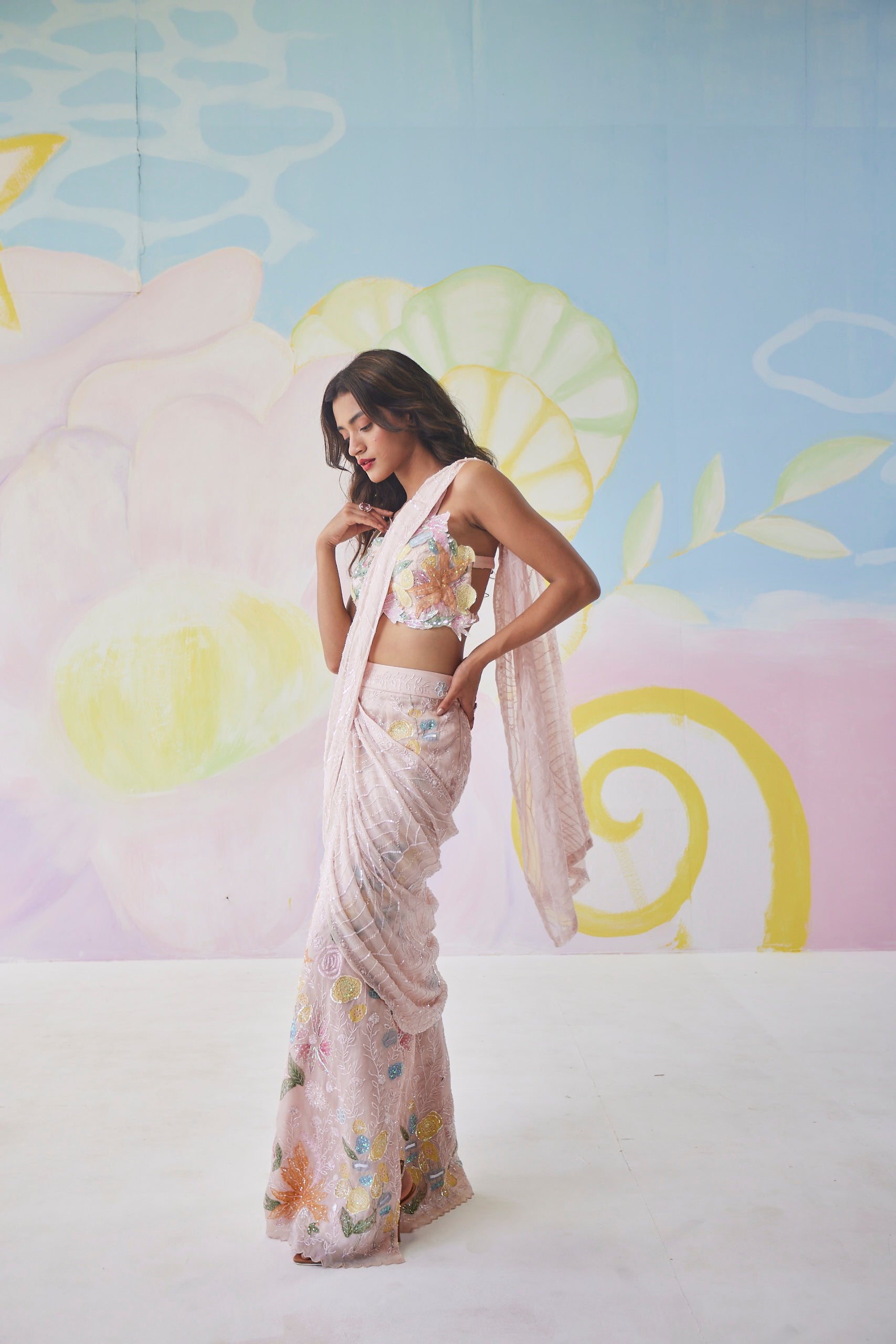 Elysian Blush Pink Handpainted Mermaid Saree