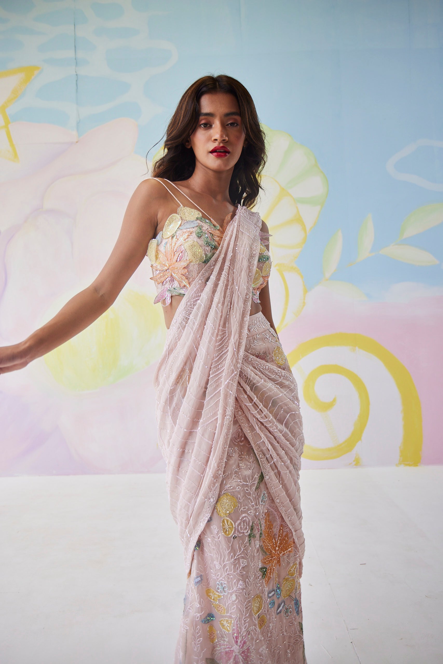 Elysian Blush Pink Handpainted Mermaid Saree